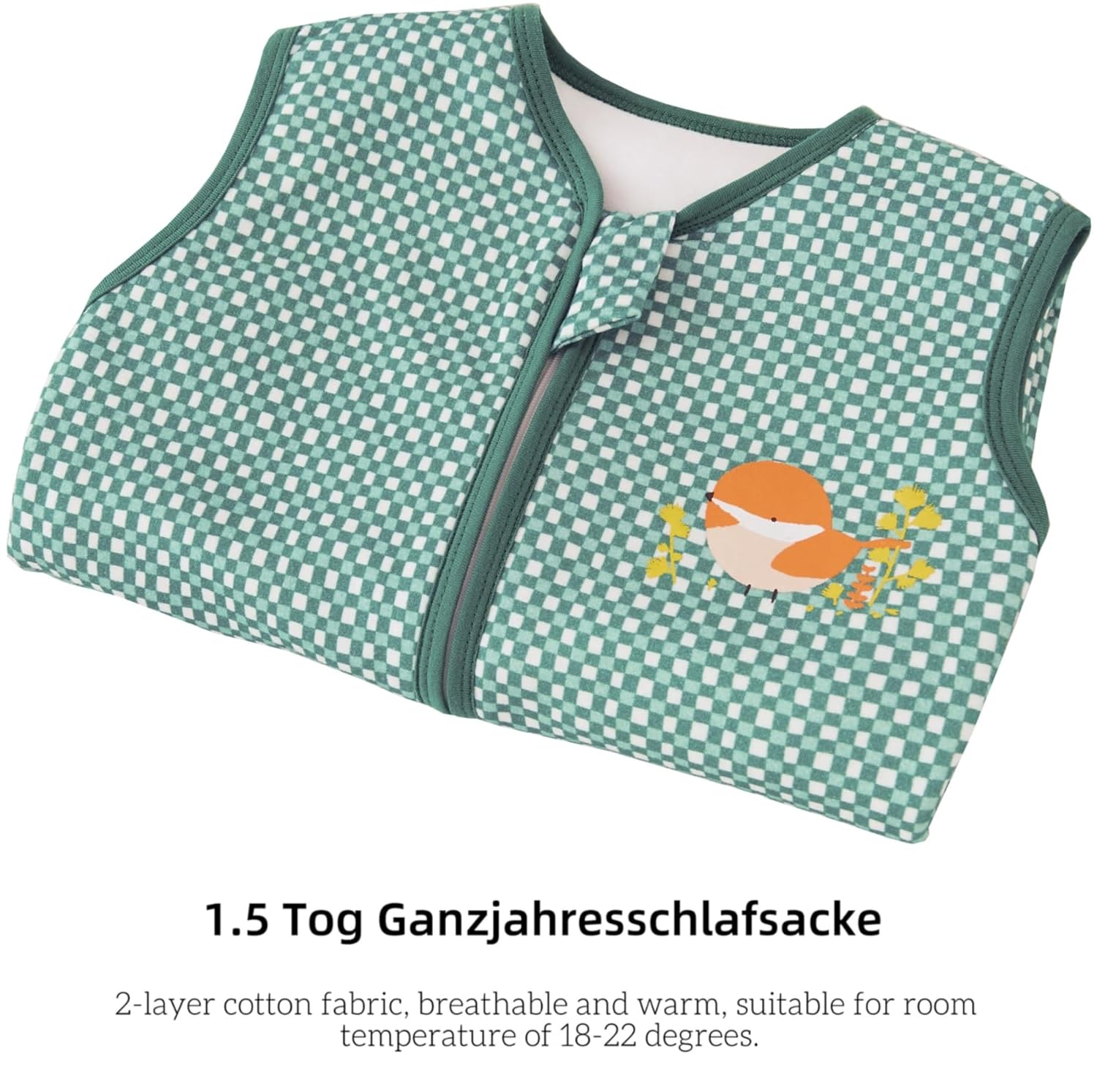 Thumbnail 1 de Chilsuessy Baby Schlafsack mit Beinen 1.5 Tog – 100% Baumwolle, Grün Vogel, 70–100 cm