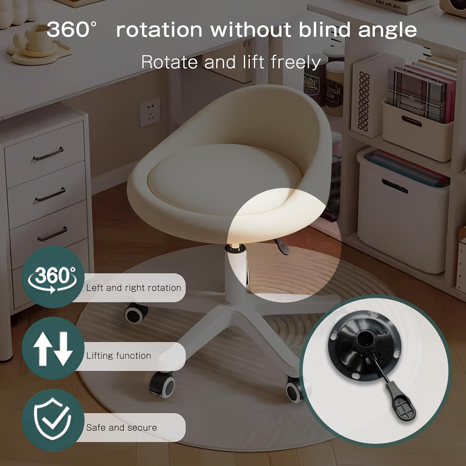 Thumbnail 3 de Rolling Stool – Ergonomic Swivel Seat with Adjustable Height and Ultra-Quiet Wheels