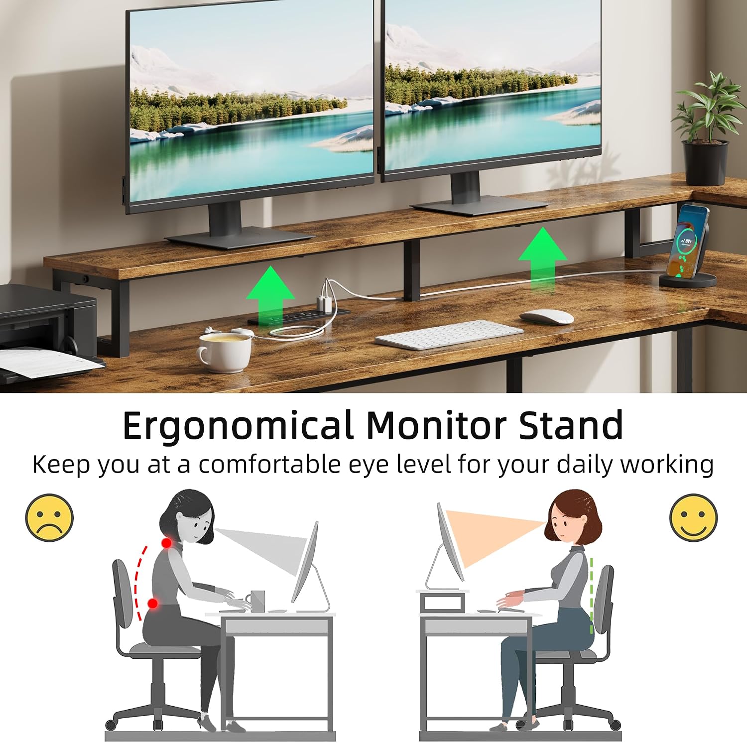Detalle de GYIIYUO L-Shaped Desk, 66+43.3-Inch, LED, Drawers and Monitor Stands