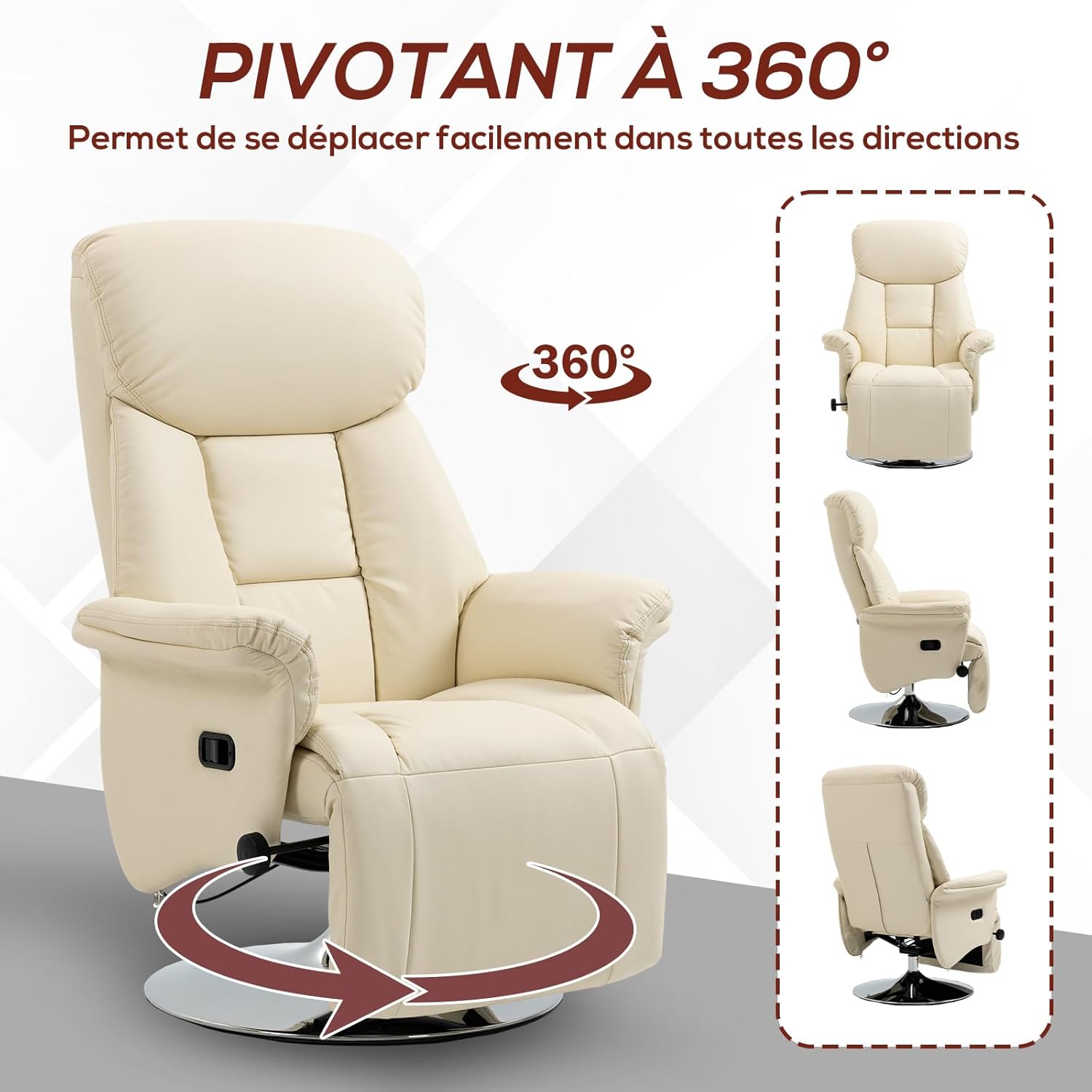 Detalle de HOMCOM Fauteuil de relaxation inclinable pivotant avec repose-pieds – Crème