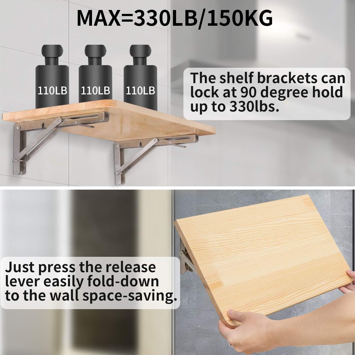 Detalle de YUMORE Klappkonsole Schwerlast 400mm (2er-Set) – Wandmontage, Edelstahl, 150 kg Tragfähigkeit