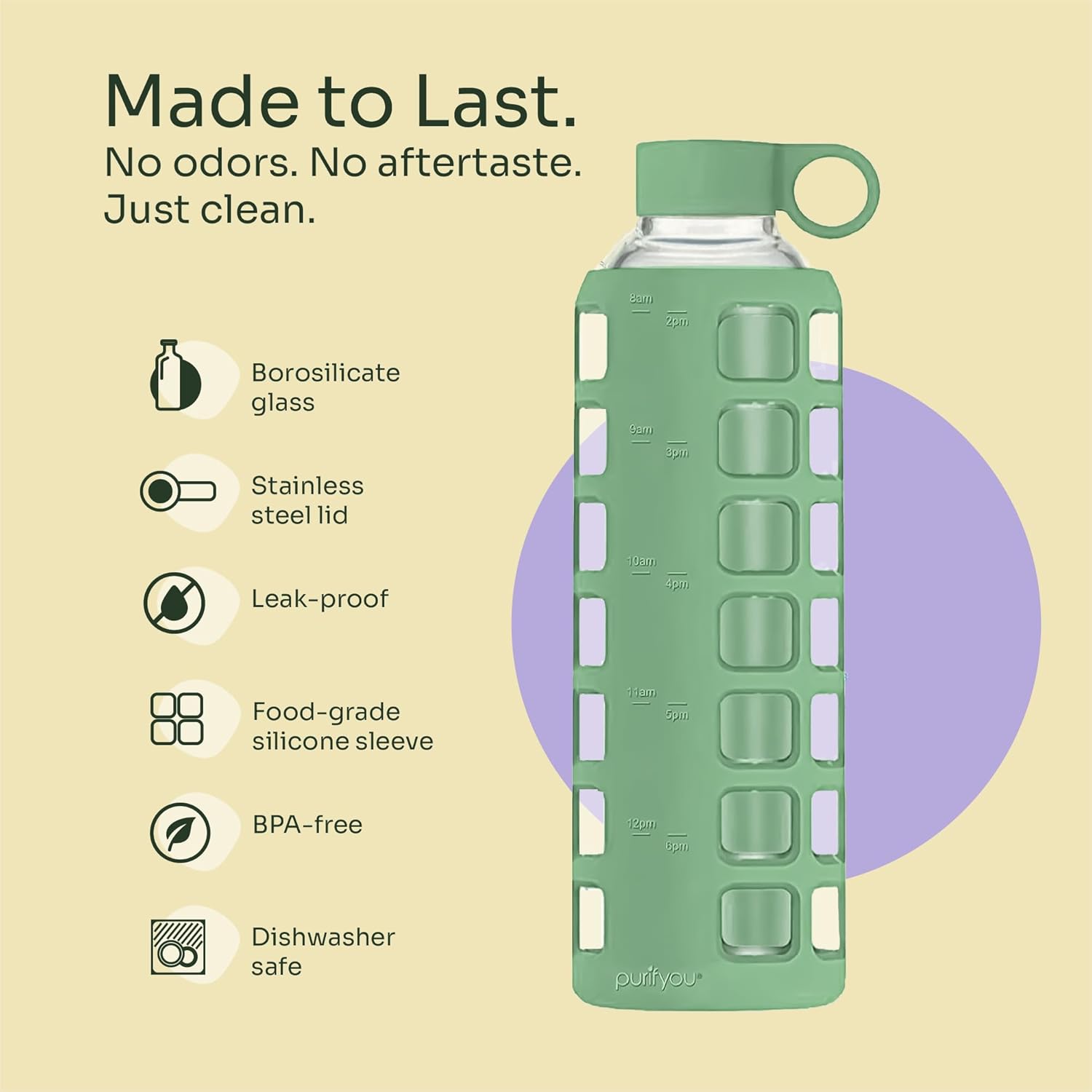 Thumbnail 3 de purifyou 32oz Shale Green Borosilicate Glass Water Bottle with Time & Volume Markers