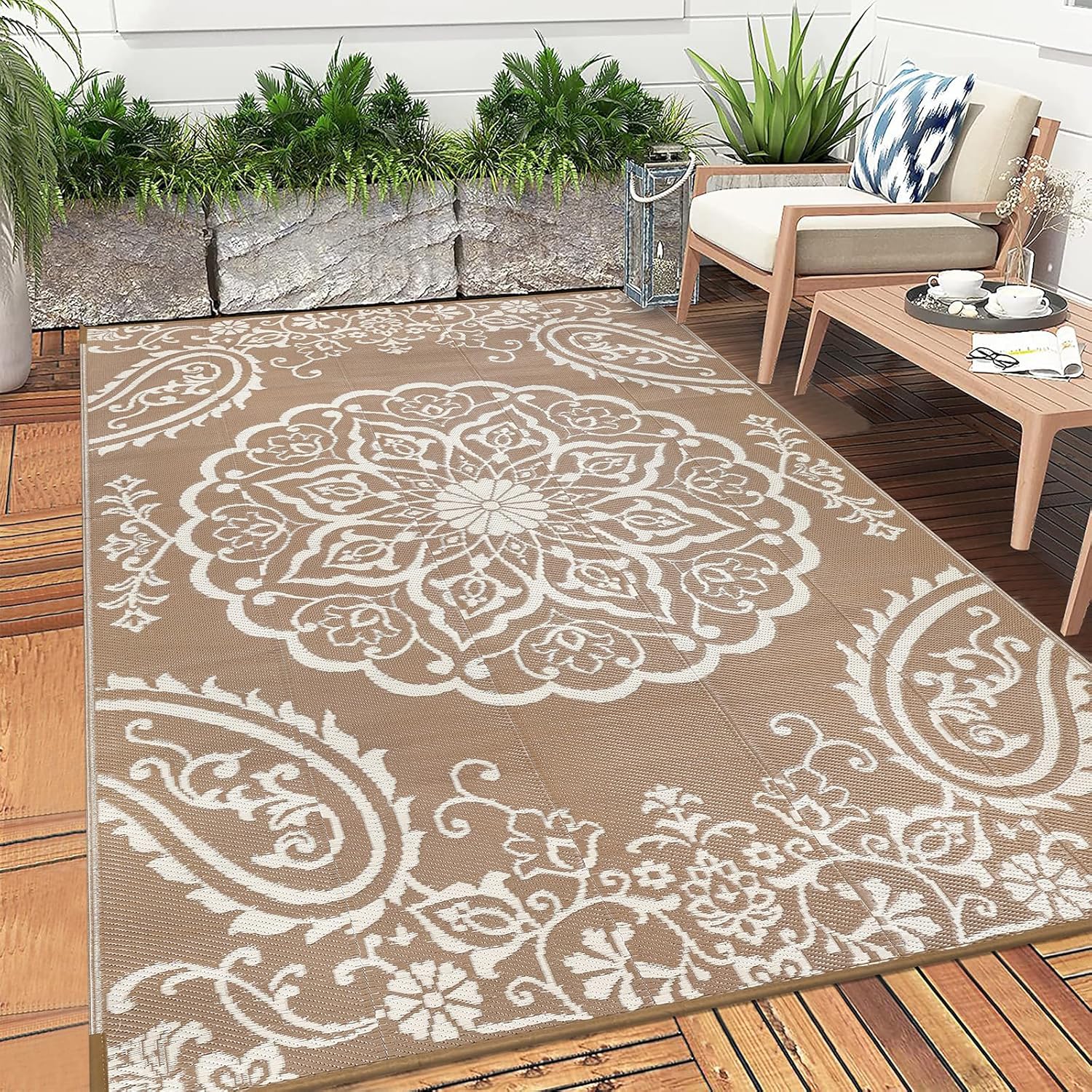 Thumbnail 6 de Pauwer 6' x 9' Outdoor Rug, Reversible Waterproof Boho Brown Patio Mat