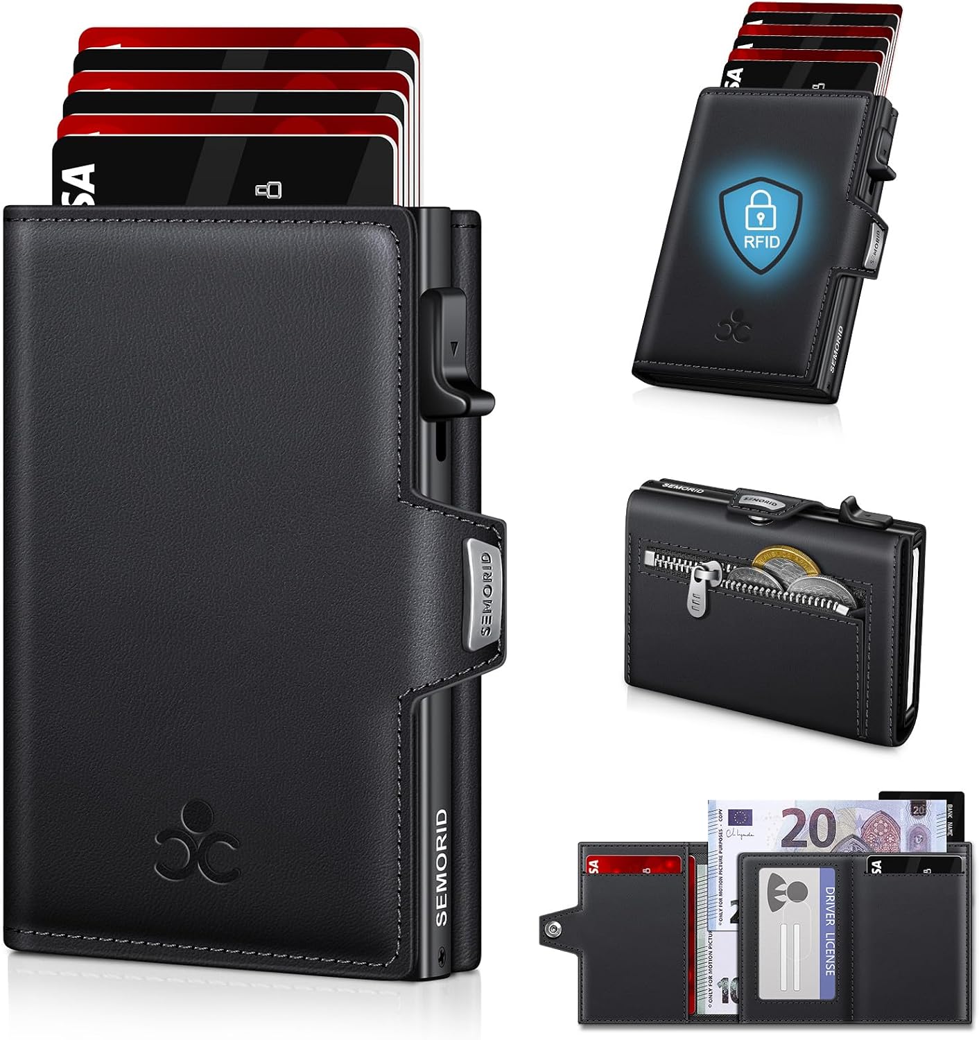 Detalle de Herren-Geldbörse mit Pop-up & RFID-Schutz: Slim Wallet aus 6061-Aluminium (Schwarz)