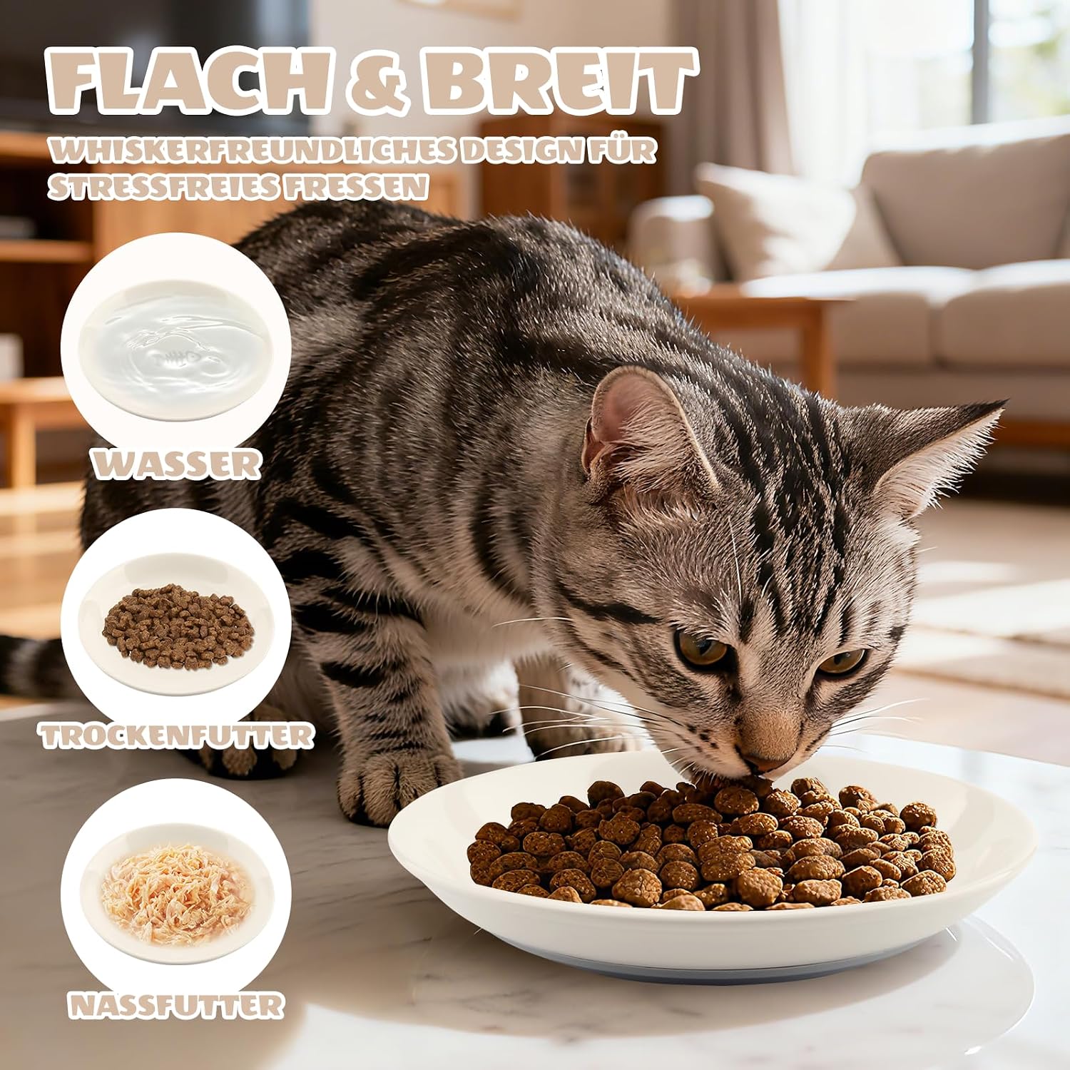 Detalle de Katzennapf Keramik-Set „Katzennapf Keramik 2er“- rutschfeste Futternäpfe mit Silikonbasis und 2 Spielbällen, weiß