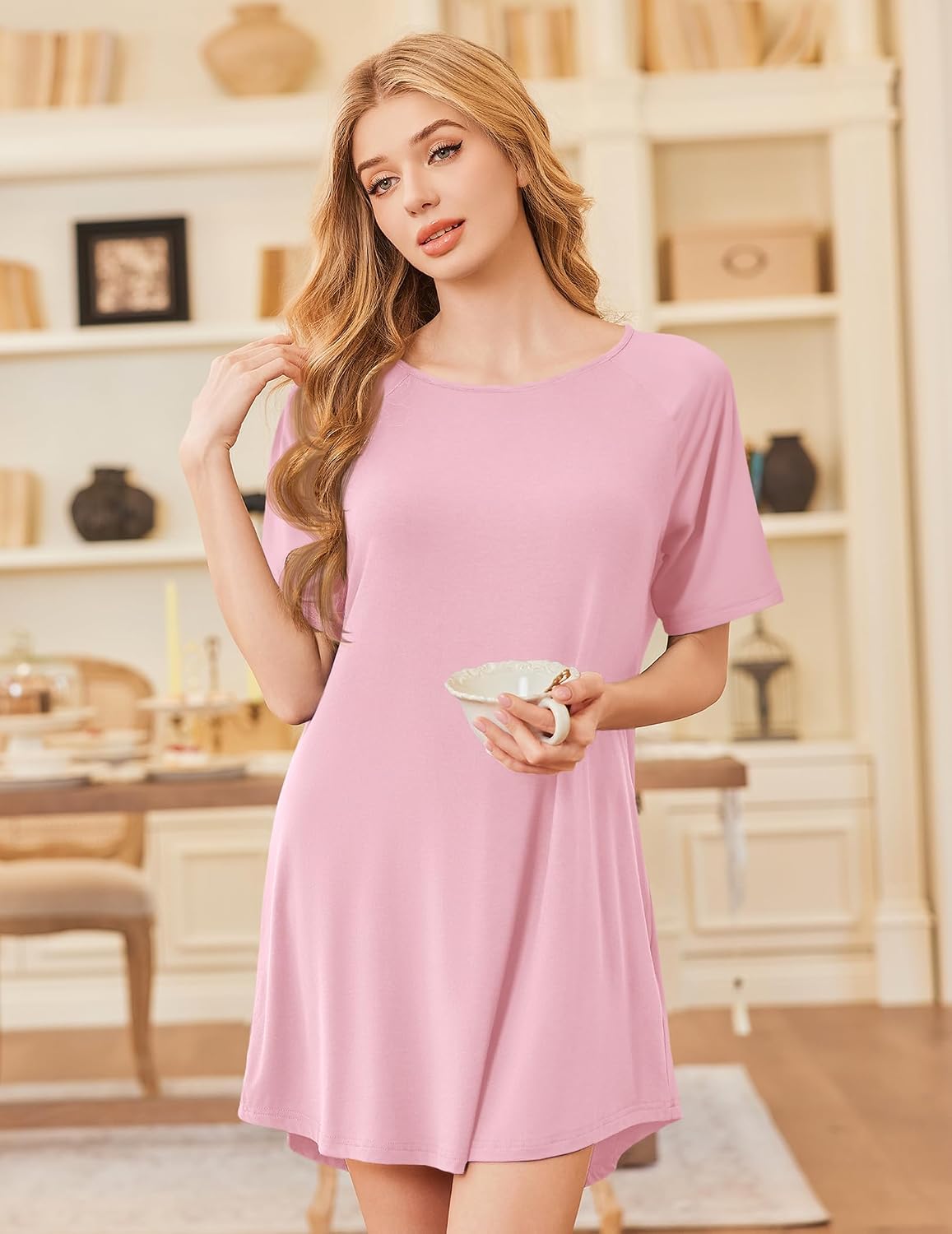 Detalle de Ekouaer Bamboo Viscose Nightshirt, Short Sleeve, Sizes S–XXXL