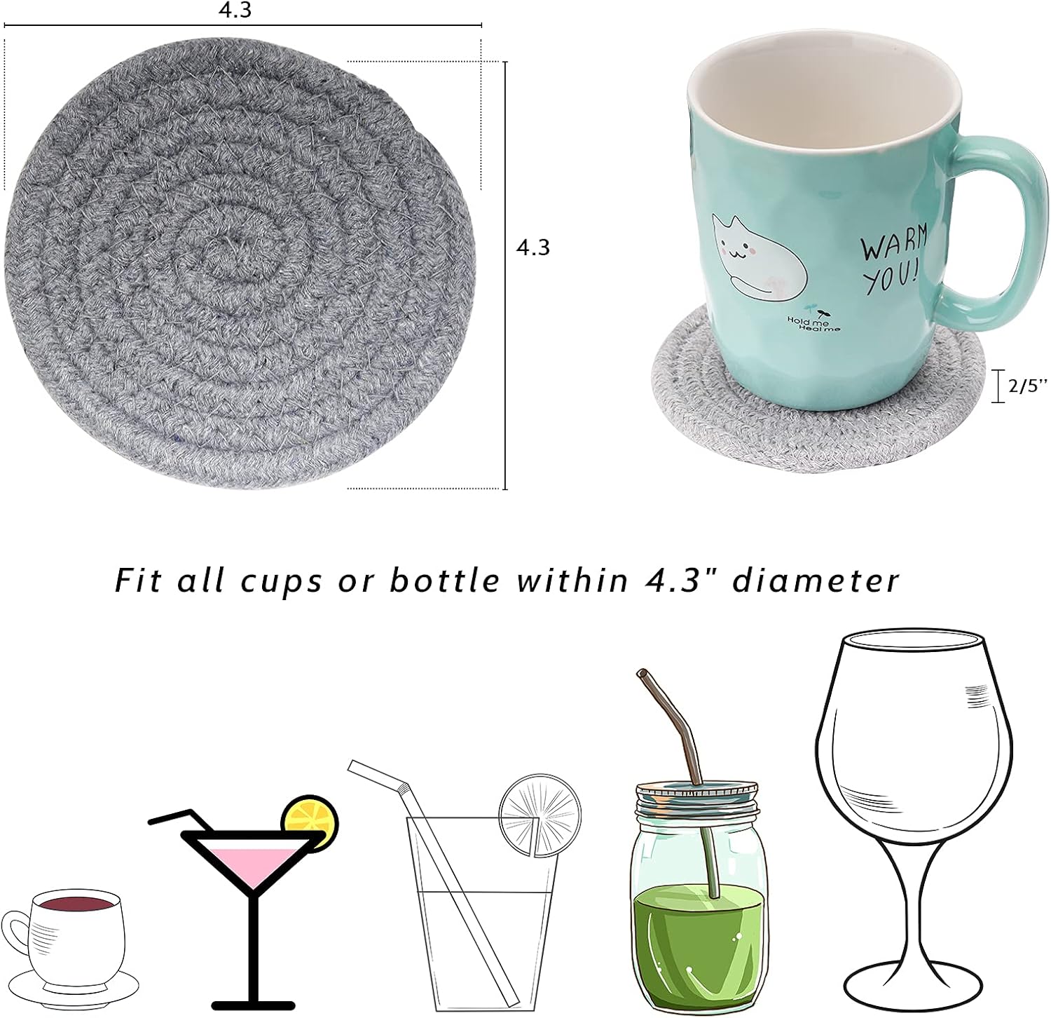 Thumbnail 2 de 6/8 Pcs Vintage Round Woven Coasters with Absorbent Cotton Rope (4.3 inch) – Boho table protection