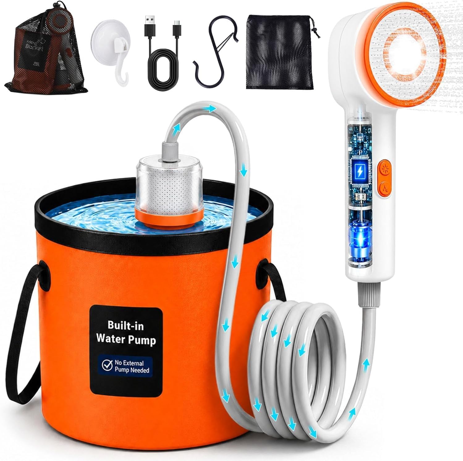 Detalle de Portable Camping Shower with LED Light and 5.3-Gallon Foldable Bucket