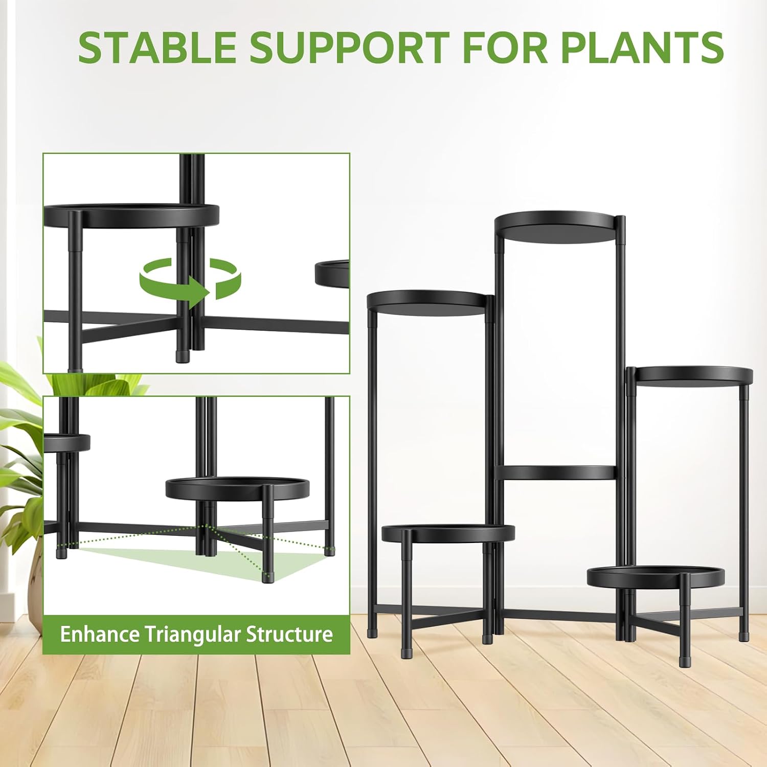 Detalle de iDavosic.ly 6-Tier Metal Plant Stand, Black, Adjustable and Foldable