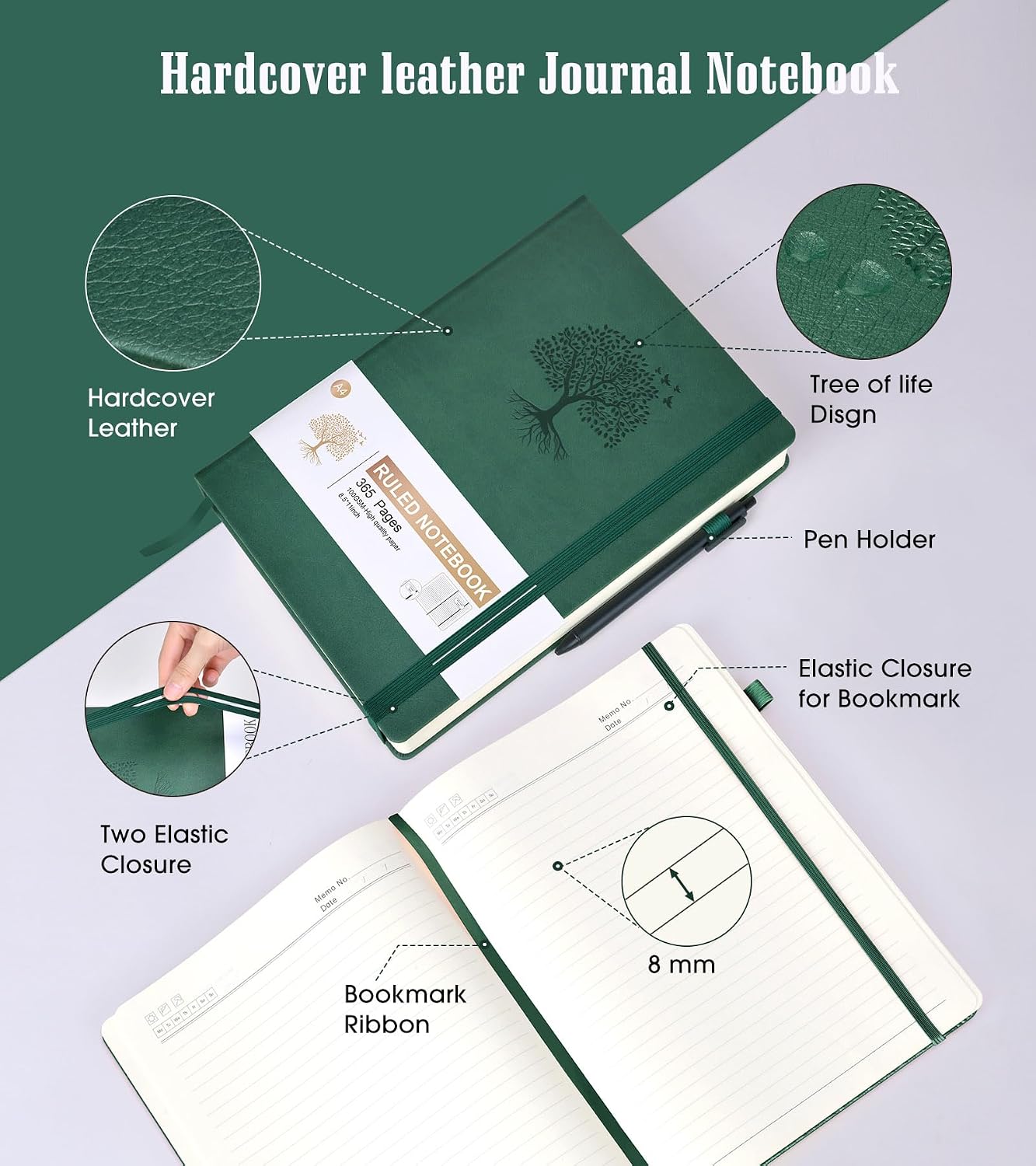 Thumbnail 3 de Ansopu A5 Lined Journal Notebook, 365 Pages, 100 GSM Paper, Green Hardcover
