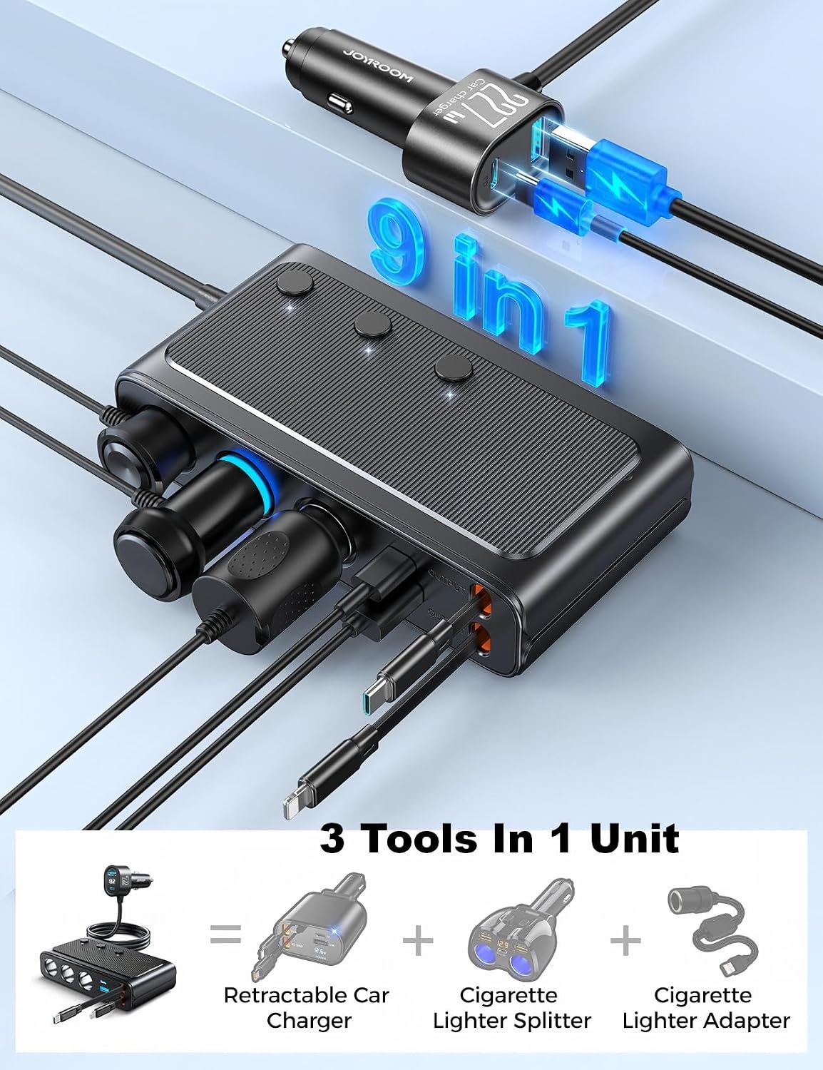 Thumbnail 4 de 227W 9-in-1 Cigarette Lighter Splitter with PD36W*2, QC3.0 Fast Car Charger, Retractable USB-C & Lightning Cables, 31.5in Retractable Cords, and LED Voltage Display