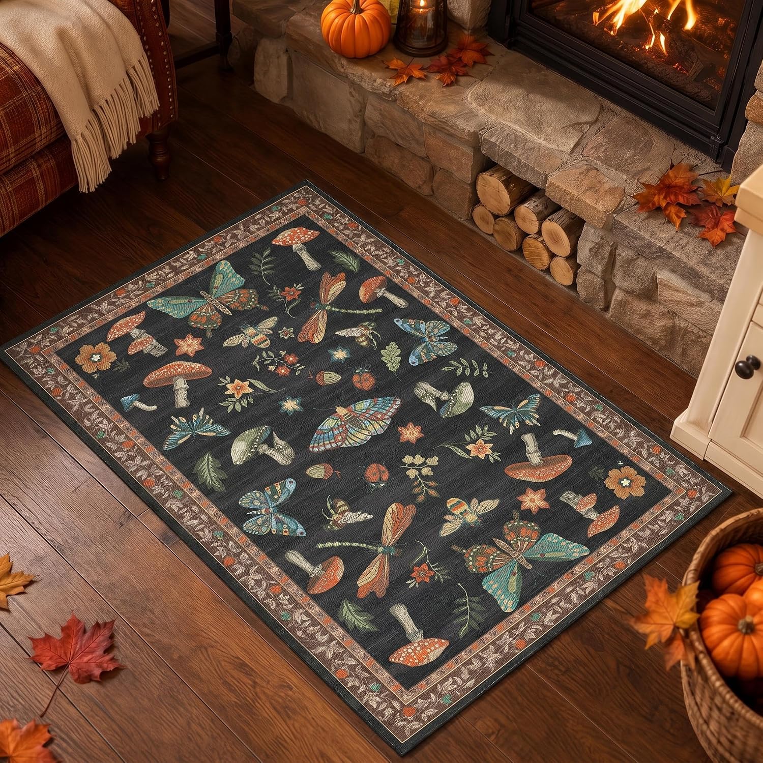 Thumbnail 1 de ROYHOME Mushroom Black Brown 2x3 Washable Low-Pile Insect Rug