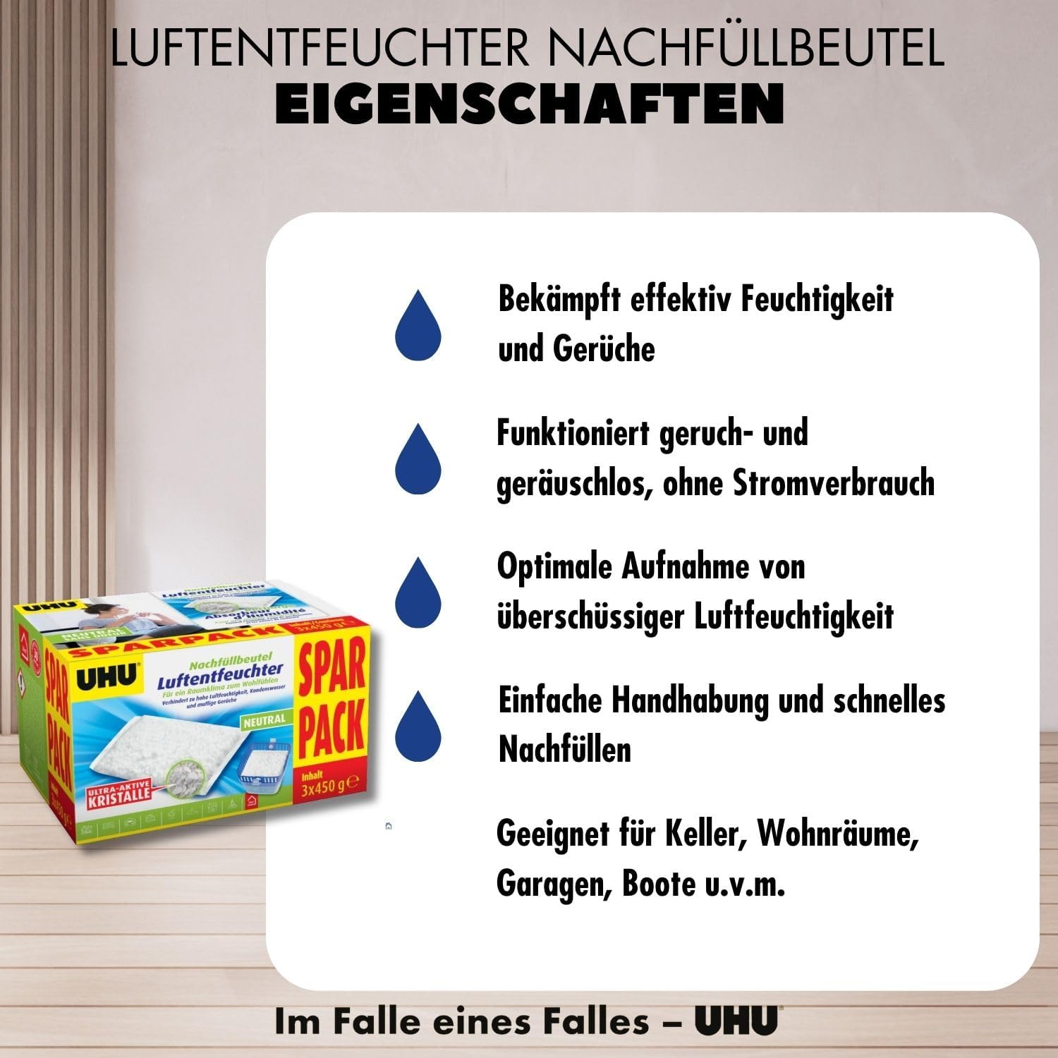 Detalle de UHU Luftentfeuchter Nachfüll-Beutel 3x450 g – Leistungsstarke Feuchtigkeitsaufnahme ohne Energieverbrauch
