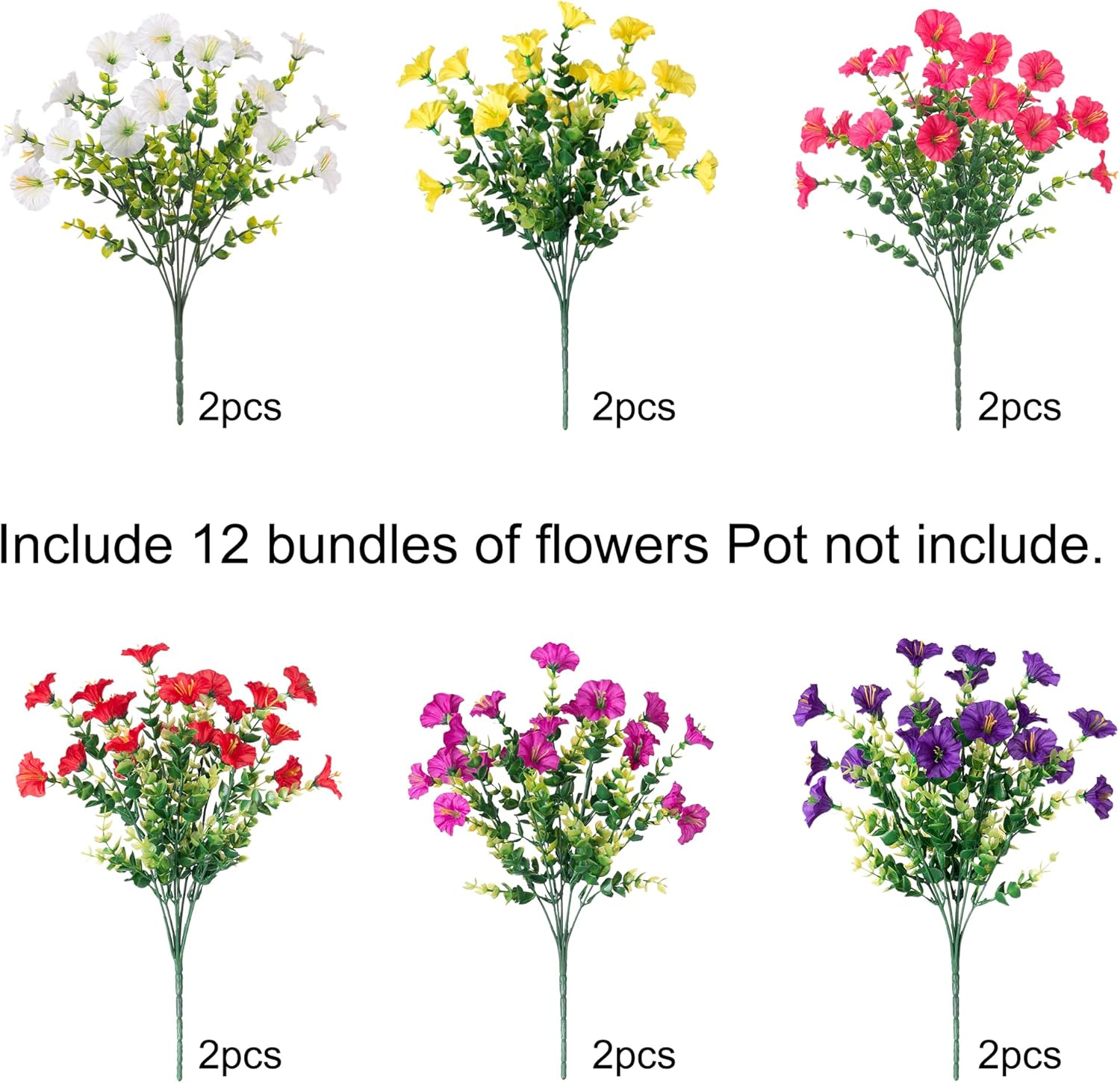 Thumbnail 4 de HyeFlora 12 Bundles Outdoor Artificial Flowers (Morning Glory) with UV-Resistant Eucalyptus Leaves