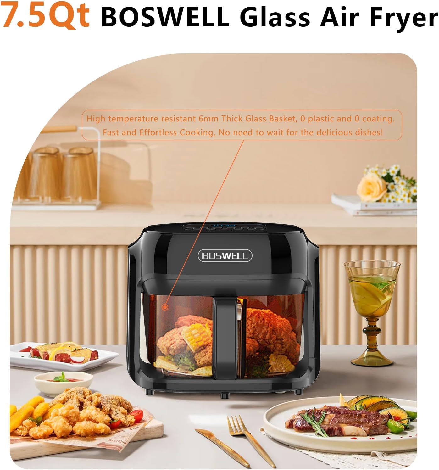 Thumbnail 2 de BOSWELL Glass Air Fryer (7.5QT) with Transparent Fry Bowl and 360° Hot Air Circulation