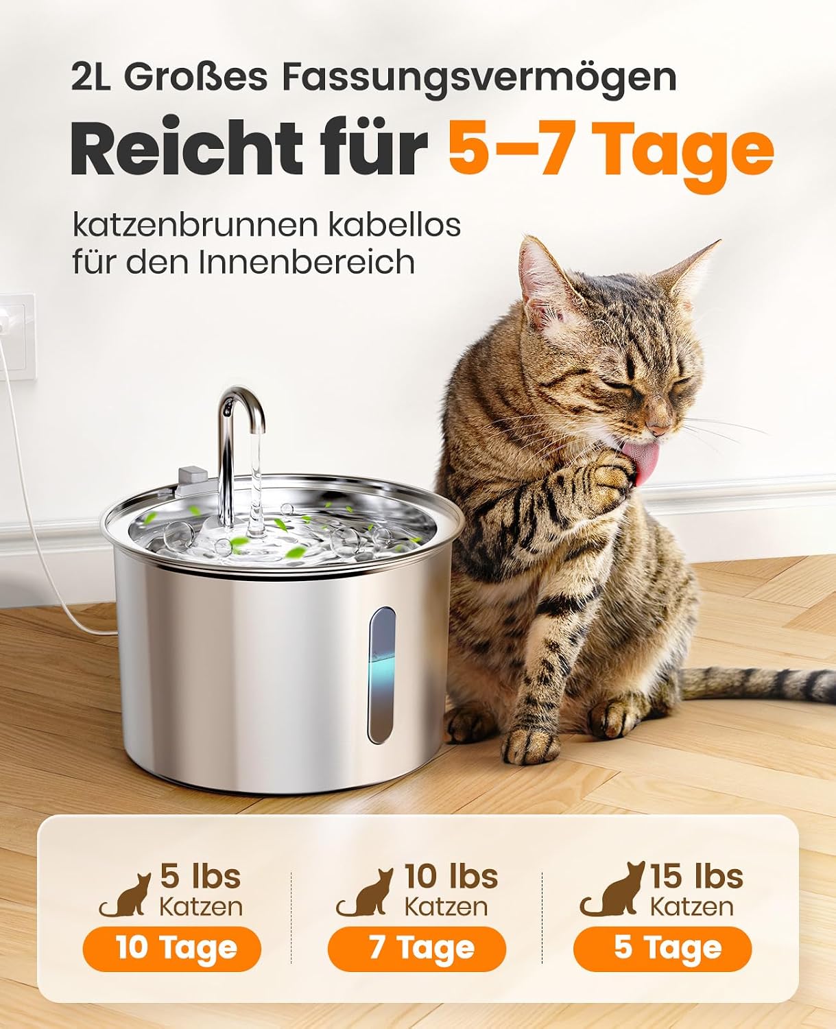 Thumbnail 6 de oneisall Fontaine à eau pour chat en acier inoxydable 304 – 2 l, silencieuse (< 30 dB), LED & 3 filtres