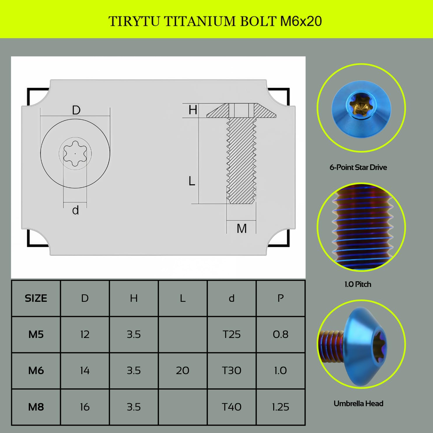 Detalle 2 de TIRYTU Titanium Bolts M6x20, 4-Piece Set, Burnt Blue PVD Finish
