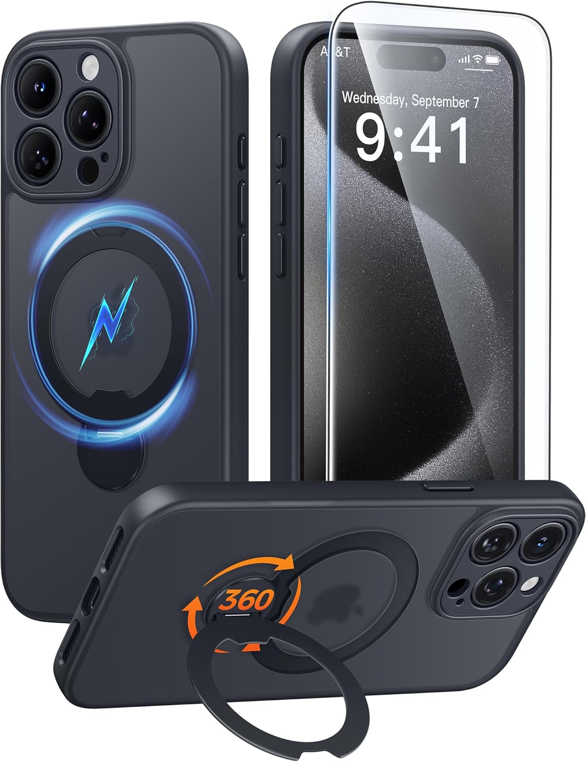 Detalle de FNTCASE for iPhone 15 Pro Max Case with 360 Spin Magnetic Stand, MagSafe Compatible, Screen Protector, Full Camera & Military-Grade Drop Protection — Black
