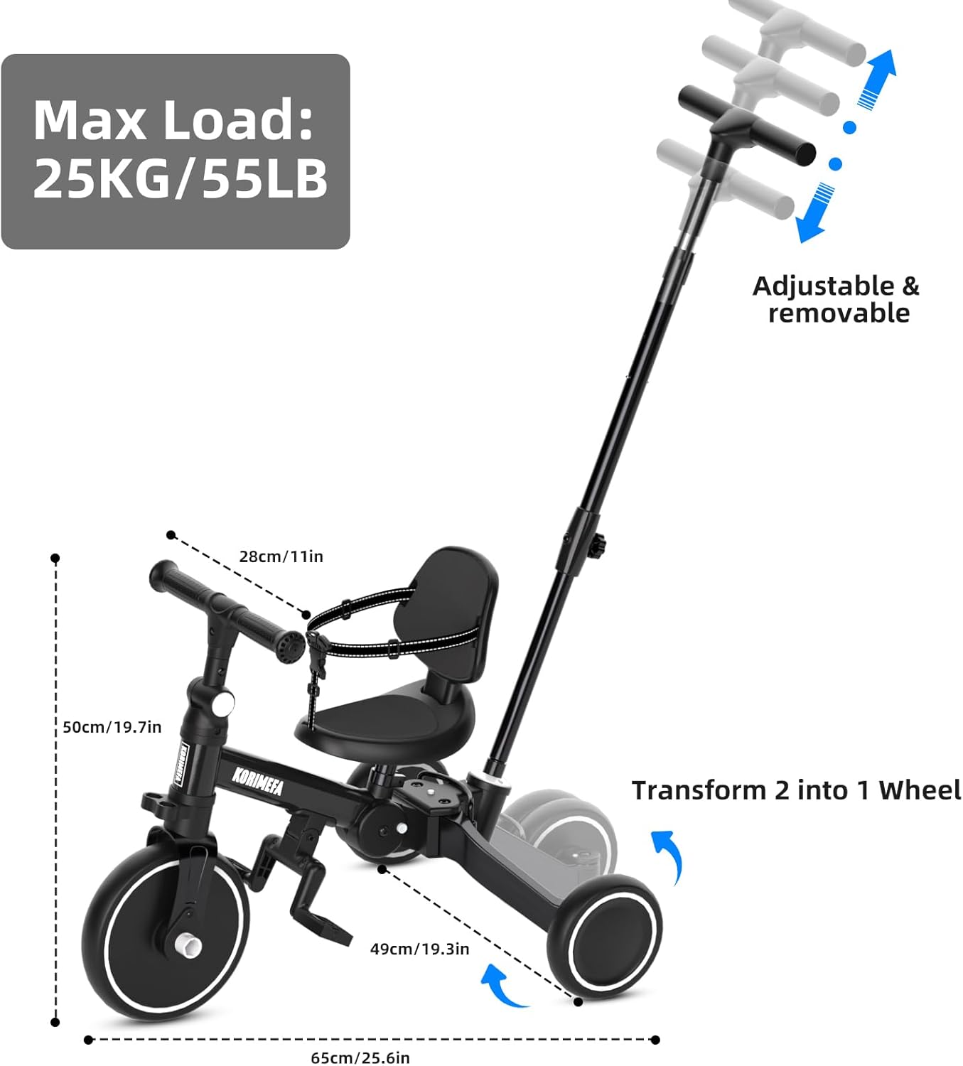 Thumbnail 2 de KORIMEFA triciclo 5-in-1 a 3 ruote per bambini 1-3 anni (con maniglia di spinta e pedali rimovibili) – Nero