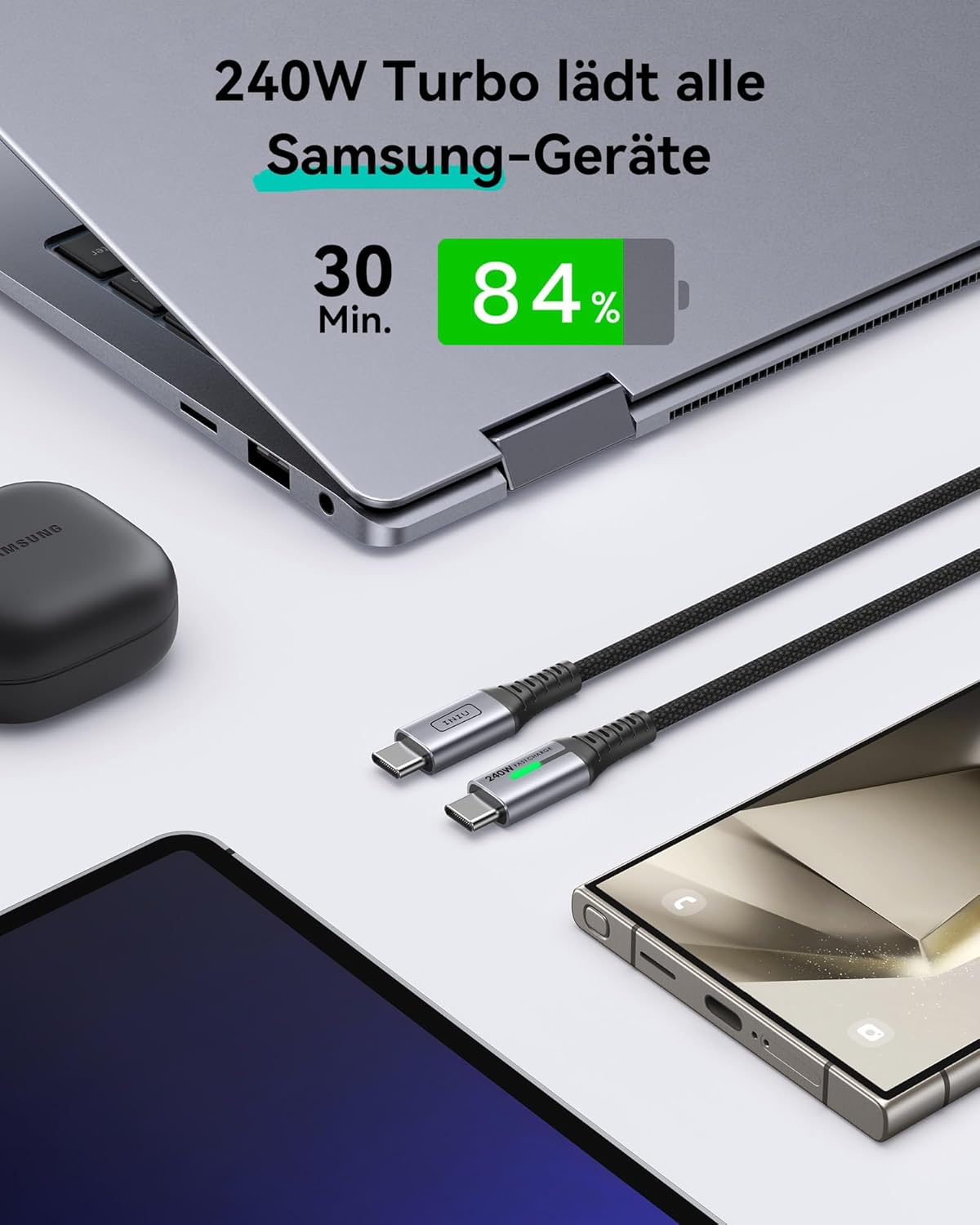 Detalle de INIU 240W USB-C Kabel – 2er Set, 0,3 m, Nylon Geflochten, USB-C zu USB-C PD Schnellladekabel