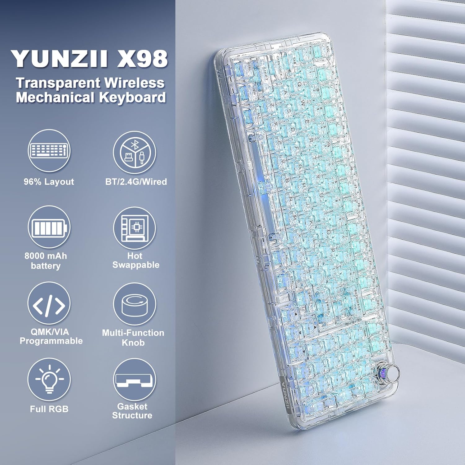 Thumbnail 1 de YUNZII X98 QMK/VIA Wireless Mechanical Gaming Keyboard with Knob (Tri-Mode, Hot-Swappable, White Crystal Switch)