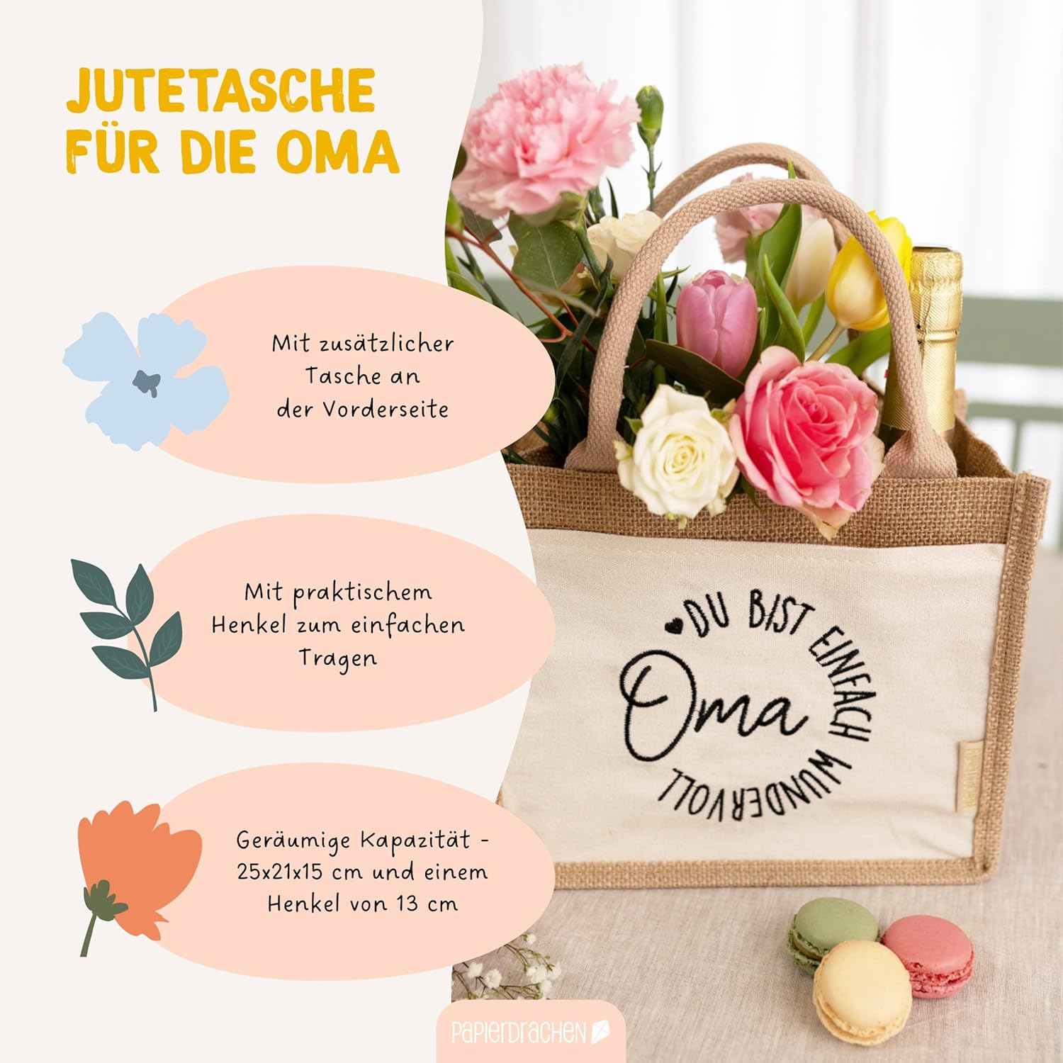 Detalle de Papierdrachen Wundervolles Geschenk für die Oma – Praktische Jutetasche mit Schriftzug