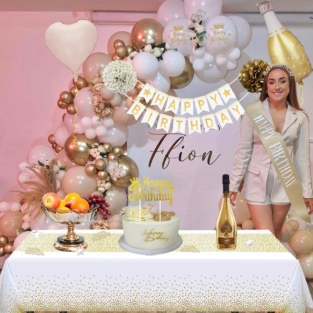 Detalle 2 de Geburtstagsdeko Gold, Beige Gold Weiß Party Deko Set mit „Happy Birthday“-Banner & Ballons