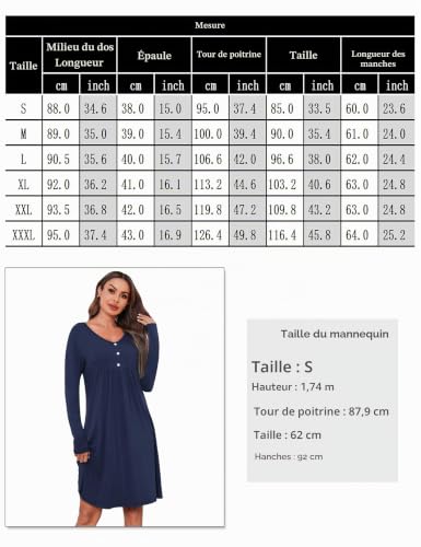 Thumbnail 5 de Crewhpo Chemise de Nuit Femme à Manches Longues en Coton – Col V, Confort Doux pour l’Hiver