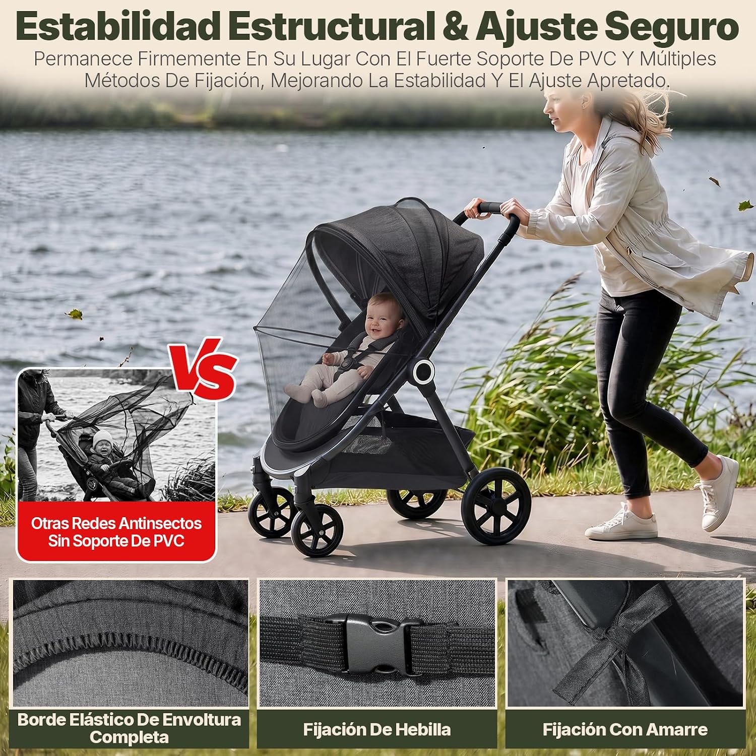 Detalle 2 de Orzbow Mosquitera Carrito Bebe Universal: red antimosquitos 3D PVC con cremallera para capazo y cochecito (Negro)