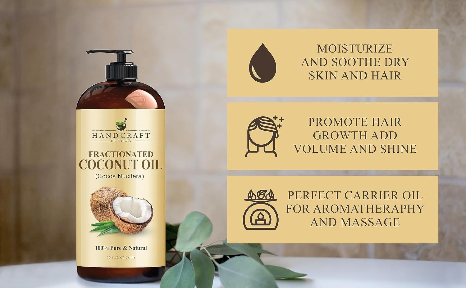 Detalle de Handcraft Blends Fractionated Coconut Oil (16 fl oz) — 100% Pure & Natural Carrier Oil for Skin, Hair & Massage