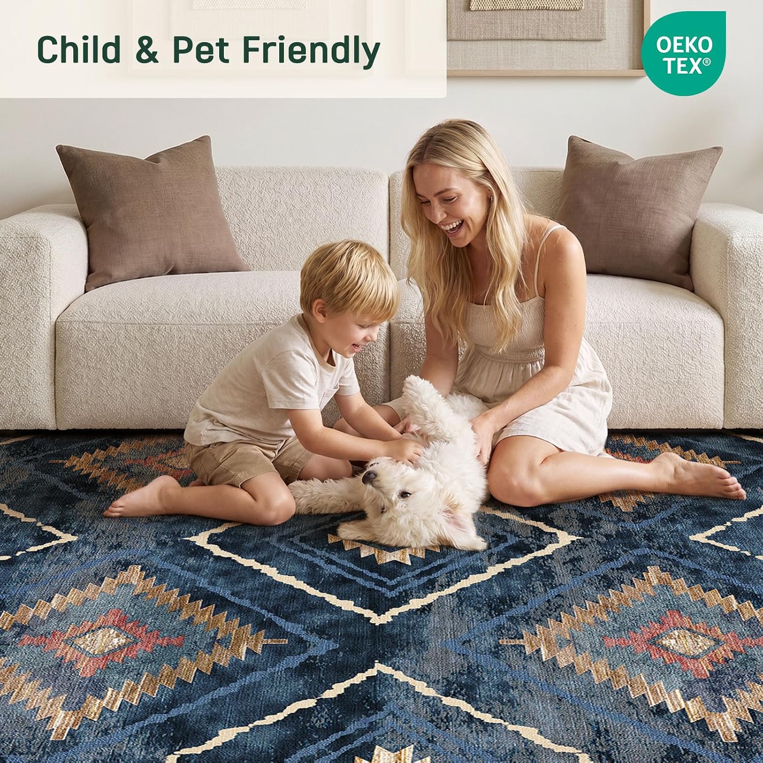 Detalle de DEFYNEE Machine Washable Rugs 120x180 cm (Vintage Blue, Non-Slip Short Pile)
