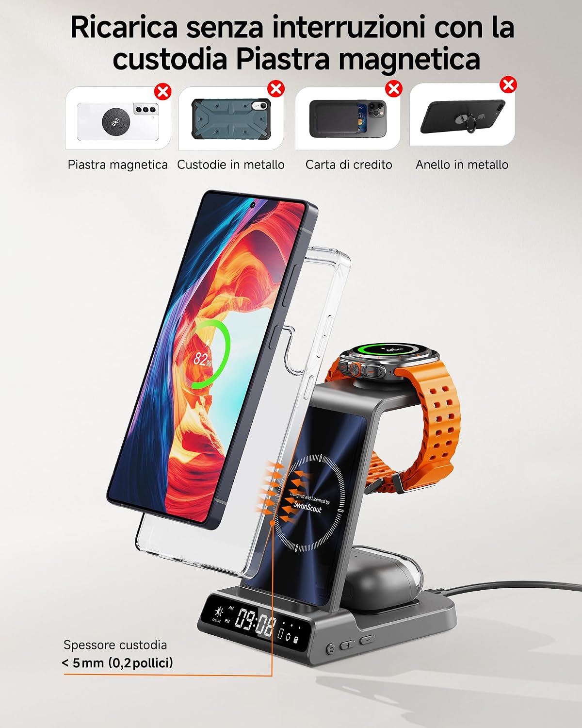 Thumbnail 5 de Caricatore Wireless 3 in 1 per Samsung con orologio digitale