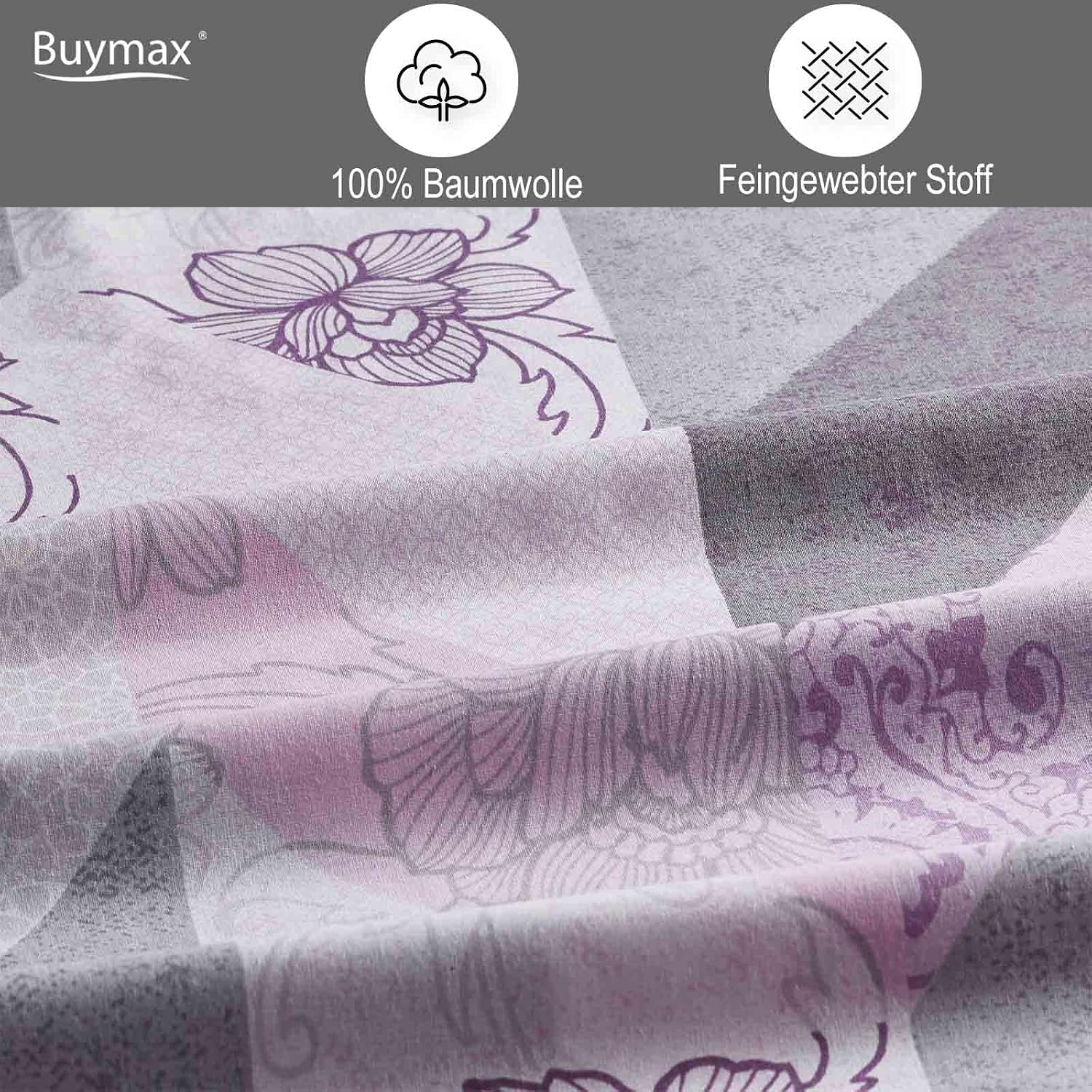 Thumbnail 2 de Buymax® Bettwäsche-Set 200x220 cm aus 100% Baumwolle, 3-teilig mit Reißverschluss (2x Kissen 80x80)