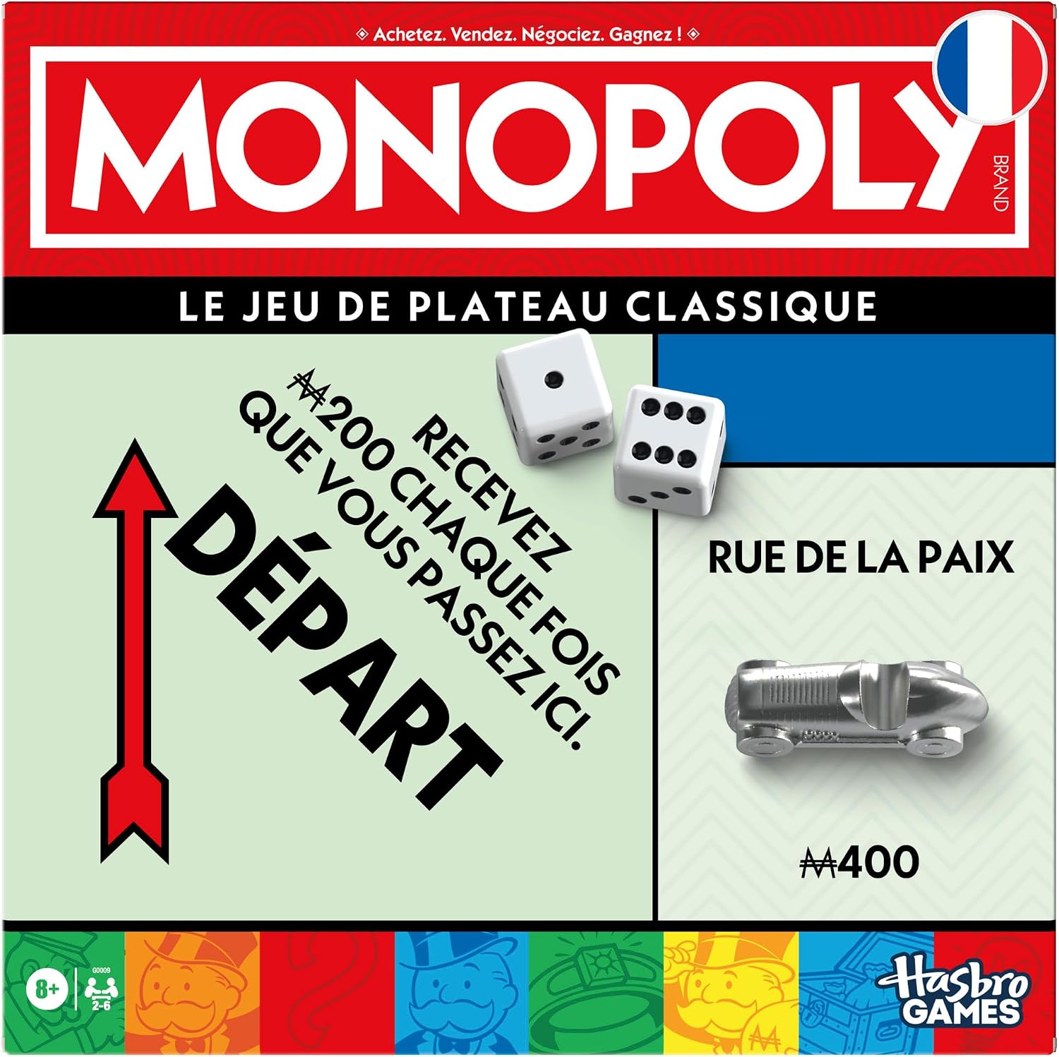 Monopoly — Jeu de plateau avec boîte de rangement et pions grand format (version française)