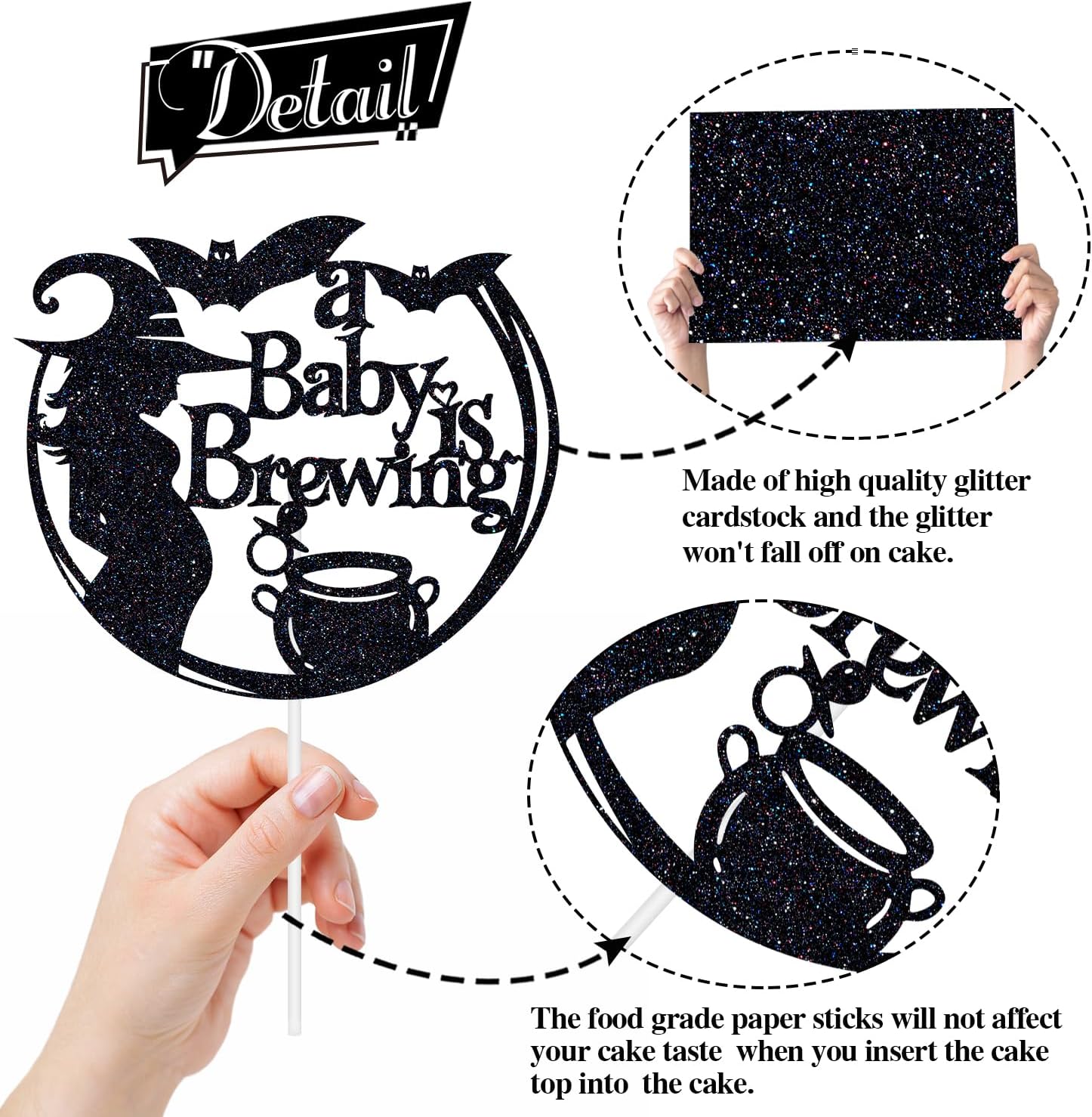 Thumbnail 5 de RLXPT RM--0095 A Baby Is Brewing Cake Topper, Black Glitter Paper Decor
