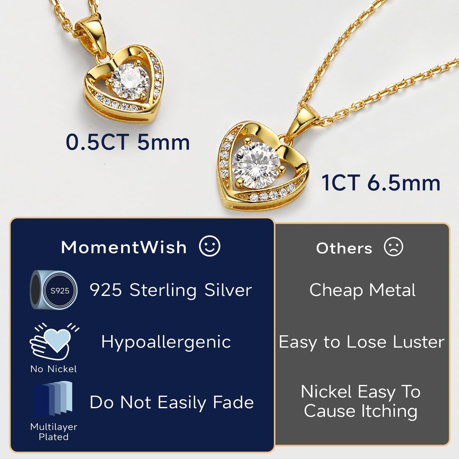 Detalle de MomentWish Halskette Damen Silber 925 mit Herz-Anhänger aus Moissanit (Rosegold Beschichtung)