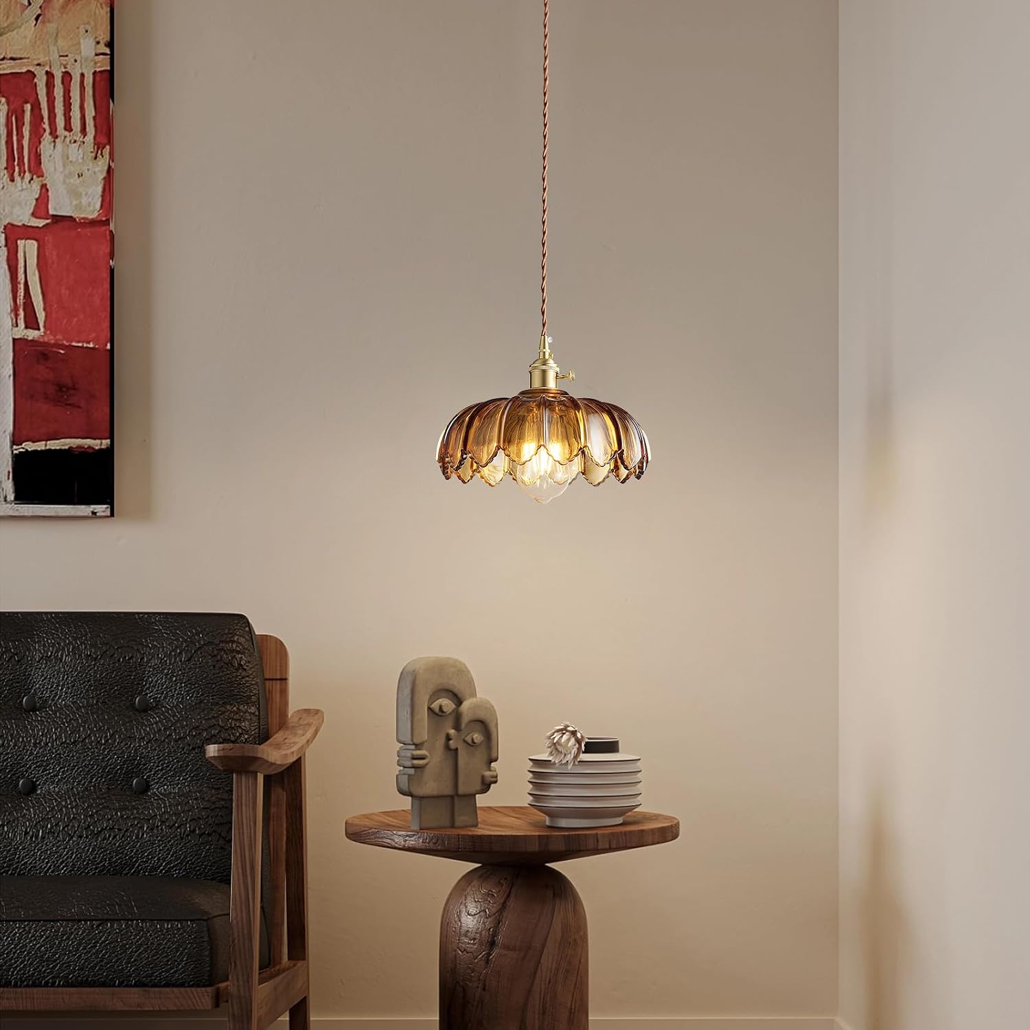 Detalle 2 de XZHGCEE 6202501 Amber Glass Pendant Light with E26 Base and Rotary Switch