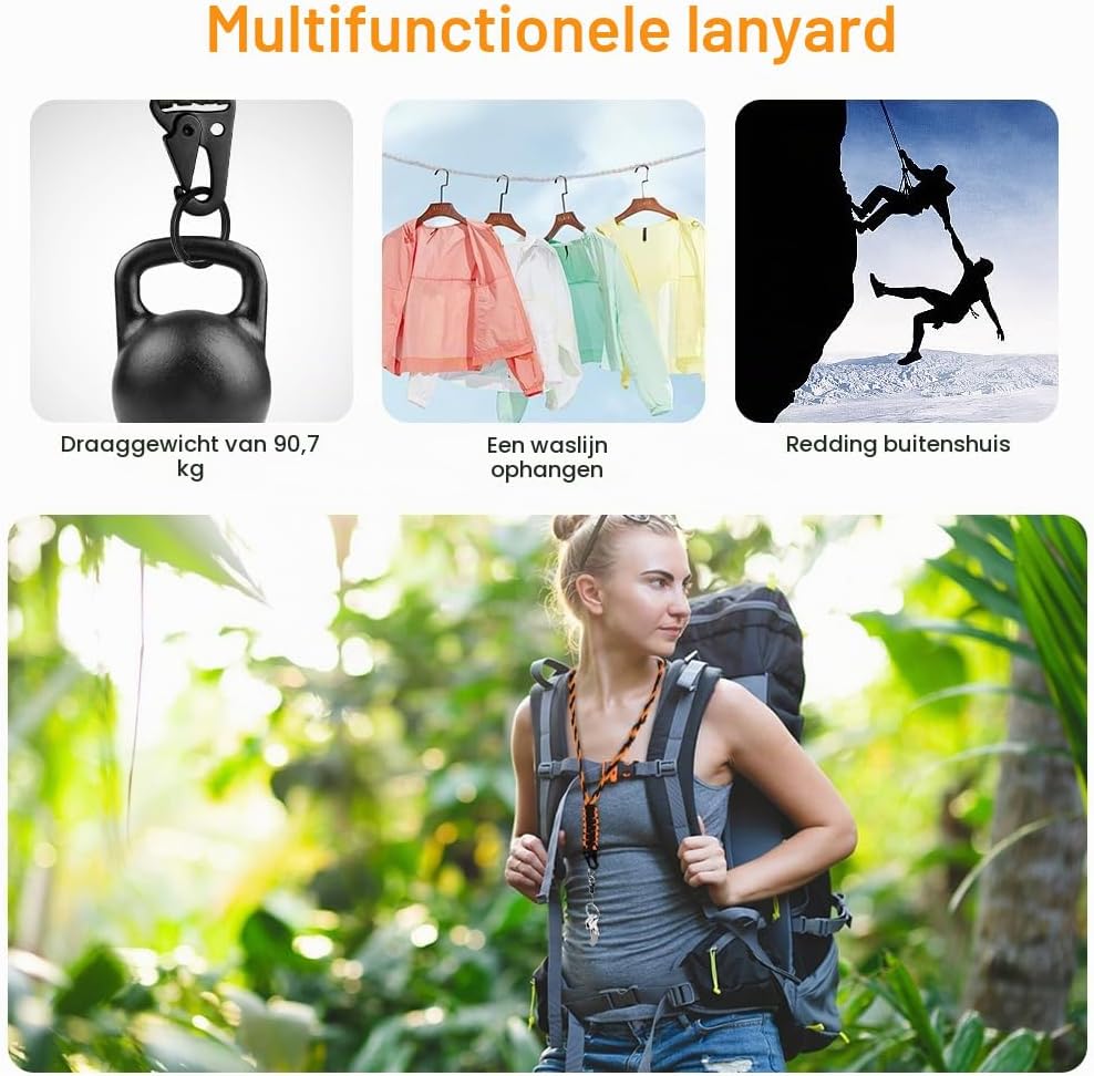 Detalle 2 de Vicloon gevlochten paracord-nekband, 2-pack met karabijnhaak