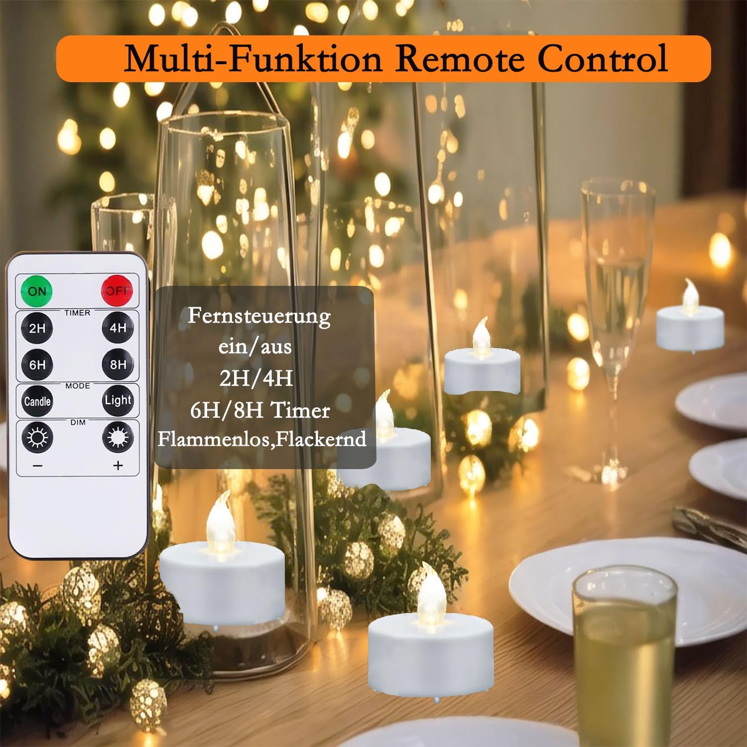 Thumbnail 2 de 5er-Set flammenlose LED-Teelichter mit Fernbedienung und Timer – Warmweiß (Halloween & Deko)