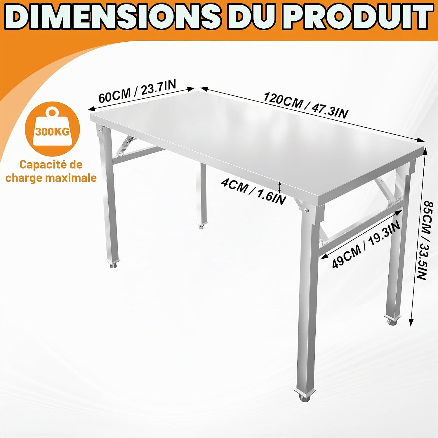 Detalle de UISEBRT opvouwbare werktafel in roestvrij staal, 120 x 60 x 85 cm, tot 300 kg
