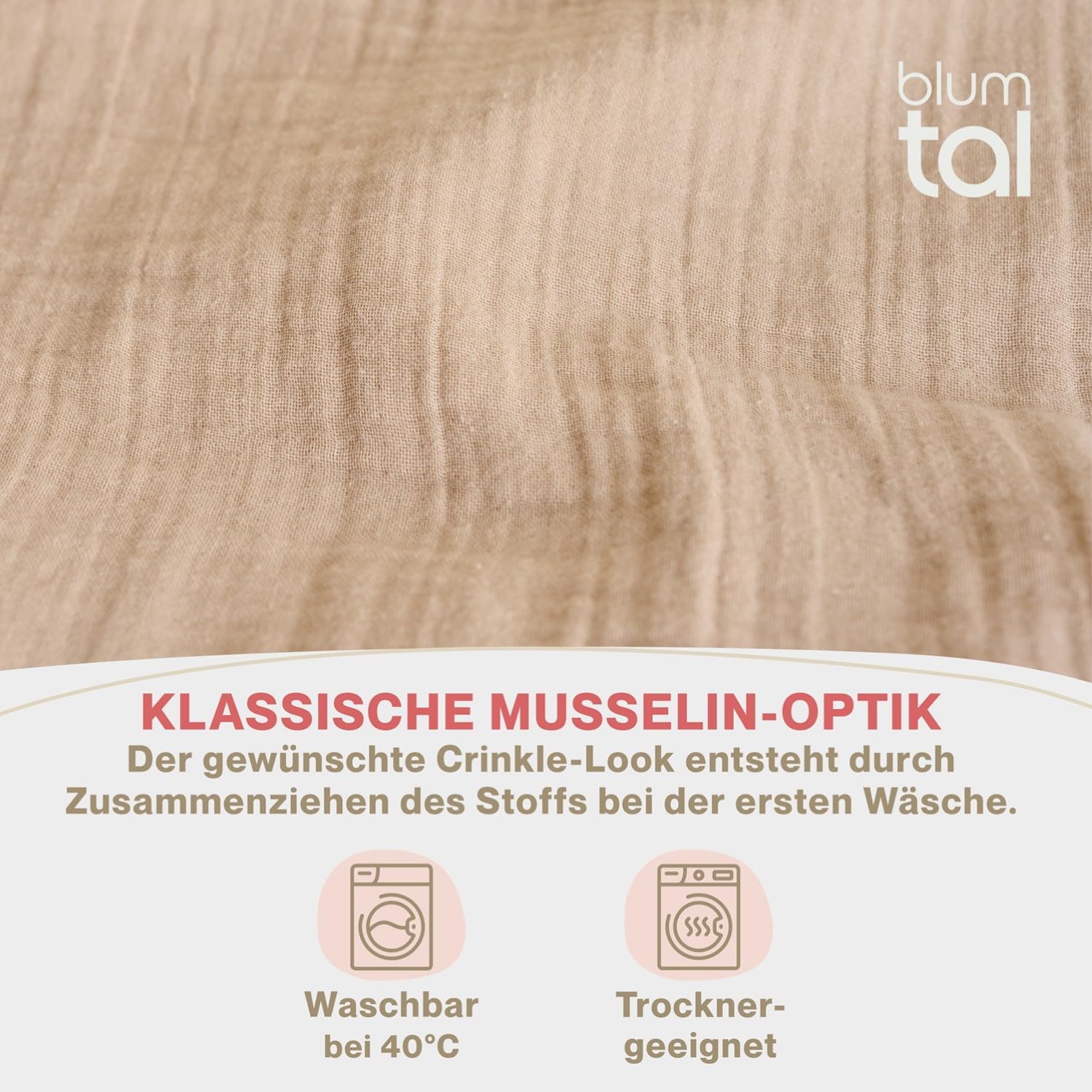 Thumbnail 4 de Blumtal Musselin-Kissenbezug 40x80 cm im 2er-Set (Oeko-TEX, 100% Baumwolle) – Taupe