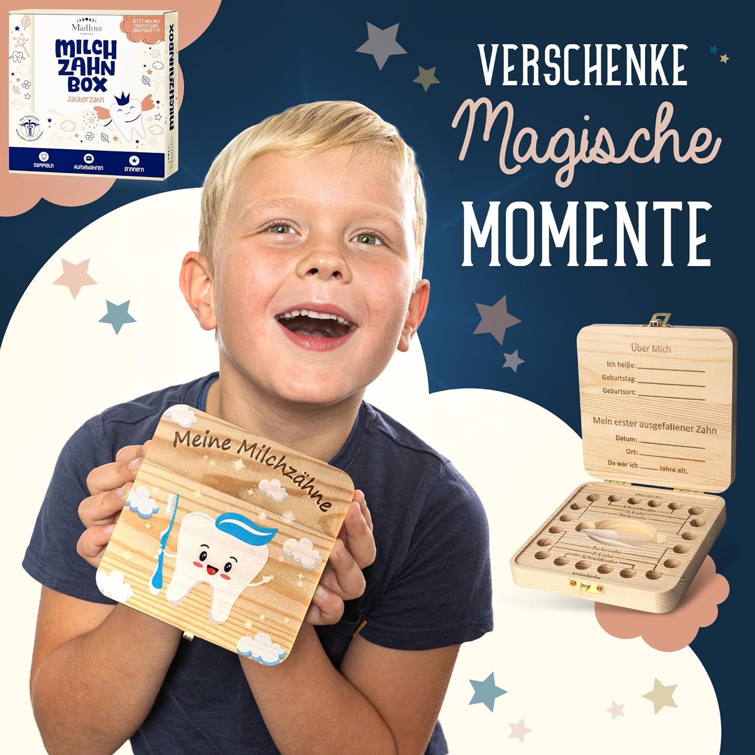 Thumbnail 2 de Madlino Zahndose Milchzähne – handgefertigte Holzbox mit Zahnfee-Brief und Lupe