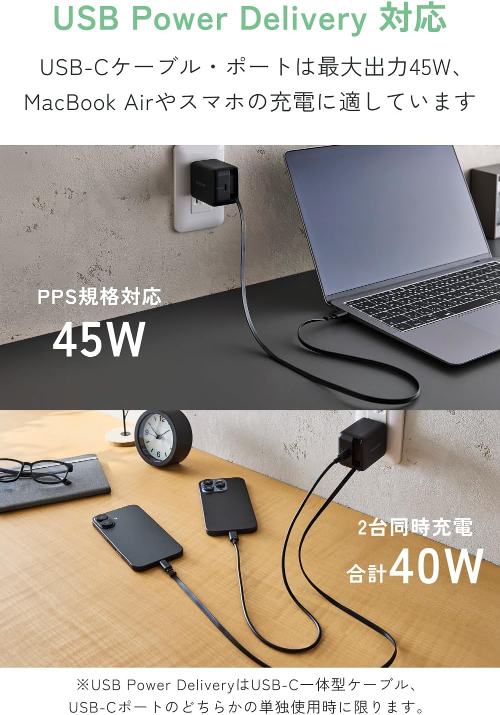 Detalle de エレコム EC-AC12945BK 45W巻き取り式USB-Cケーブル一体型充電器