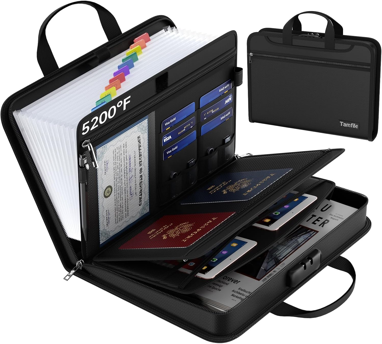 Detalle de Tamfile Fireproof Document Organiser with Lock, 13 Pockets – A4 Expanding File Folder