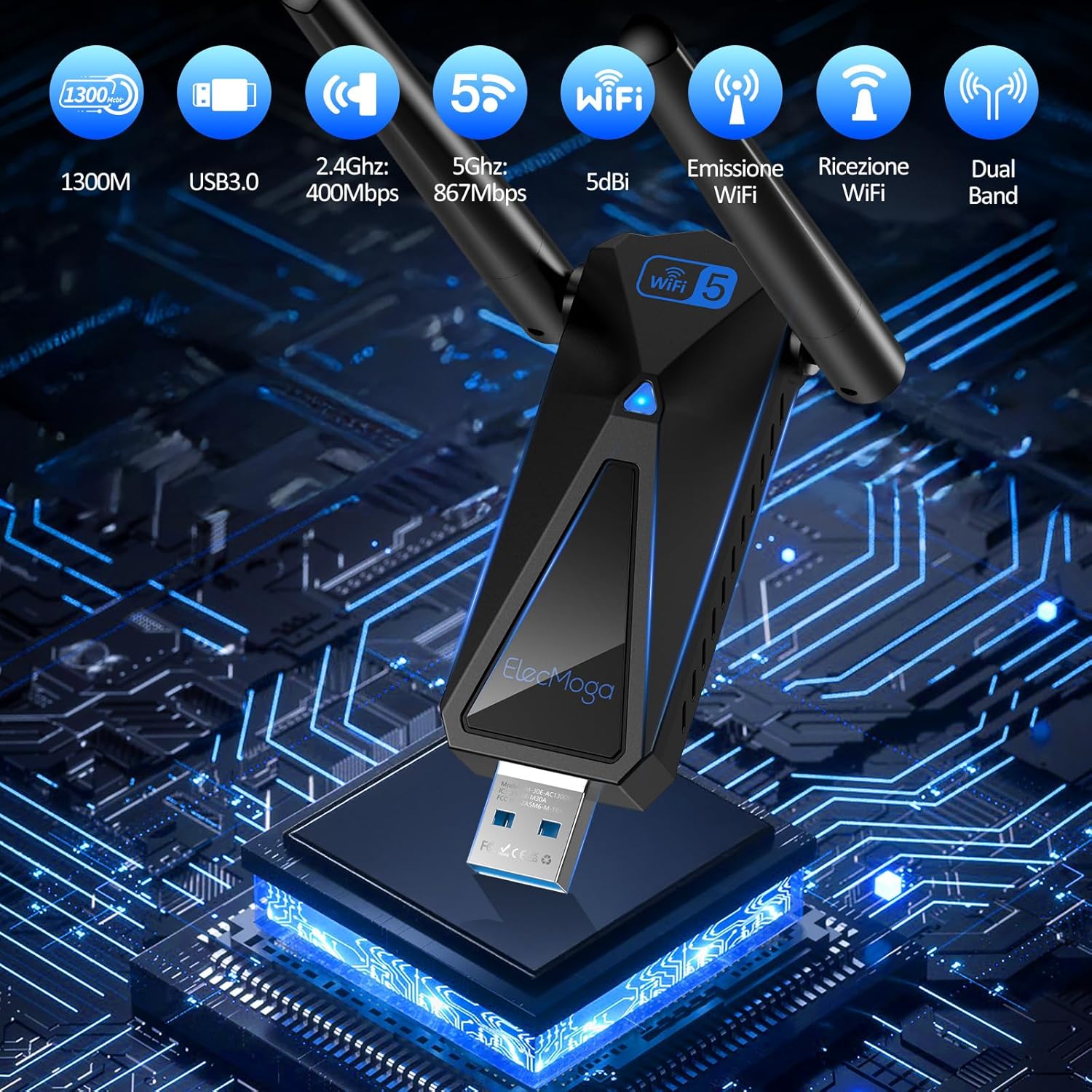 Thumbnail 2 de ElecMoga Chiavetta WiFi AC1300 USB 5dBi per PC e laptop 📶