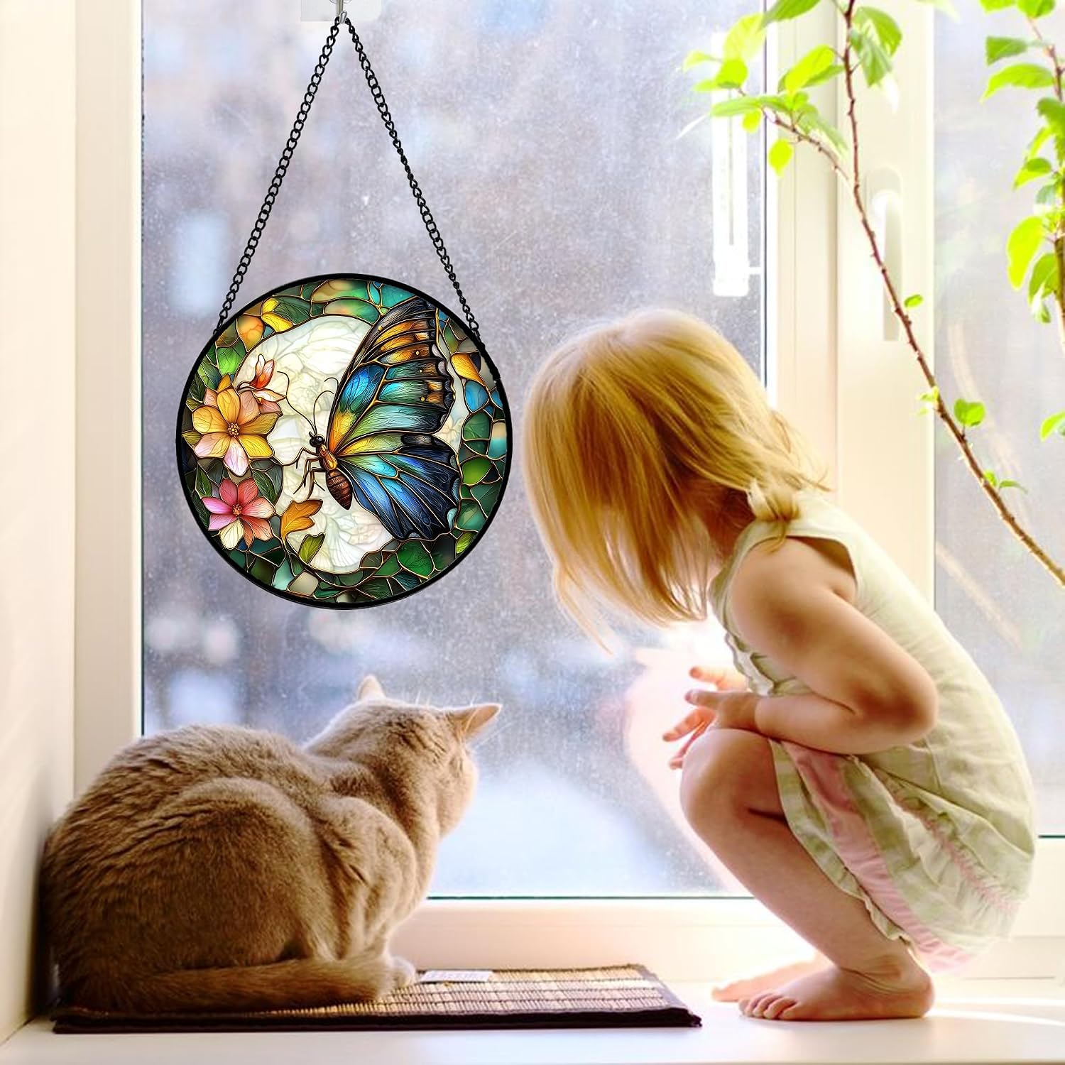 Detalle de DASTOLL Green Butterfly Flower Stained Glass Window Hanging Suncatcher, 7.8-Inch