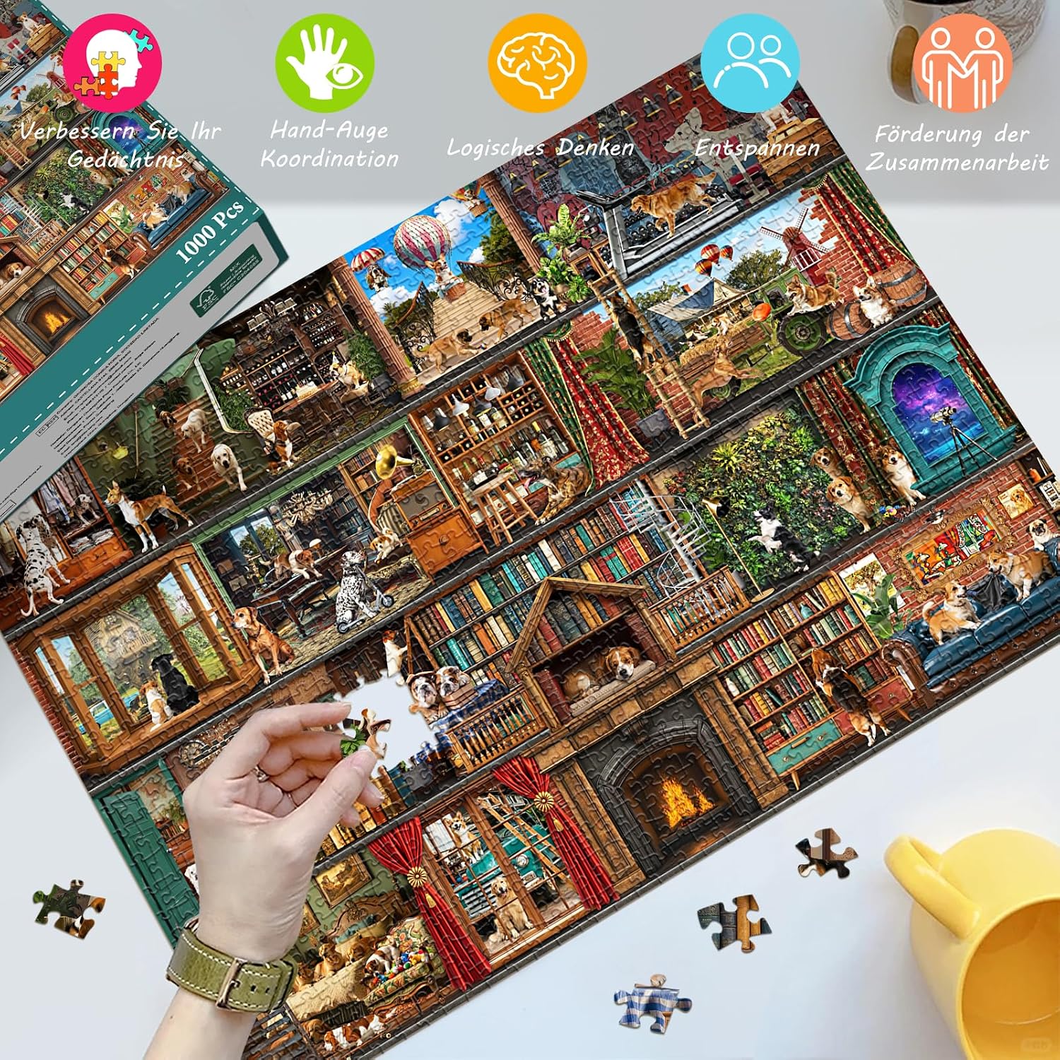 Detalle de HUADADA Puzzle 1000 Teile: Tiere‑Familieninteraktives Puzzle – Hundeleben Theater, 70 × 50 cm