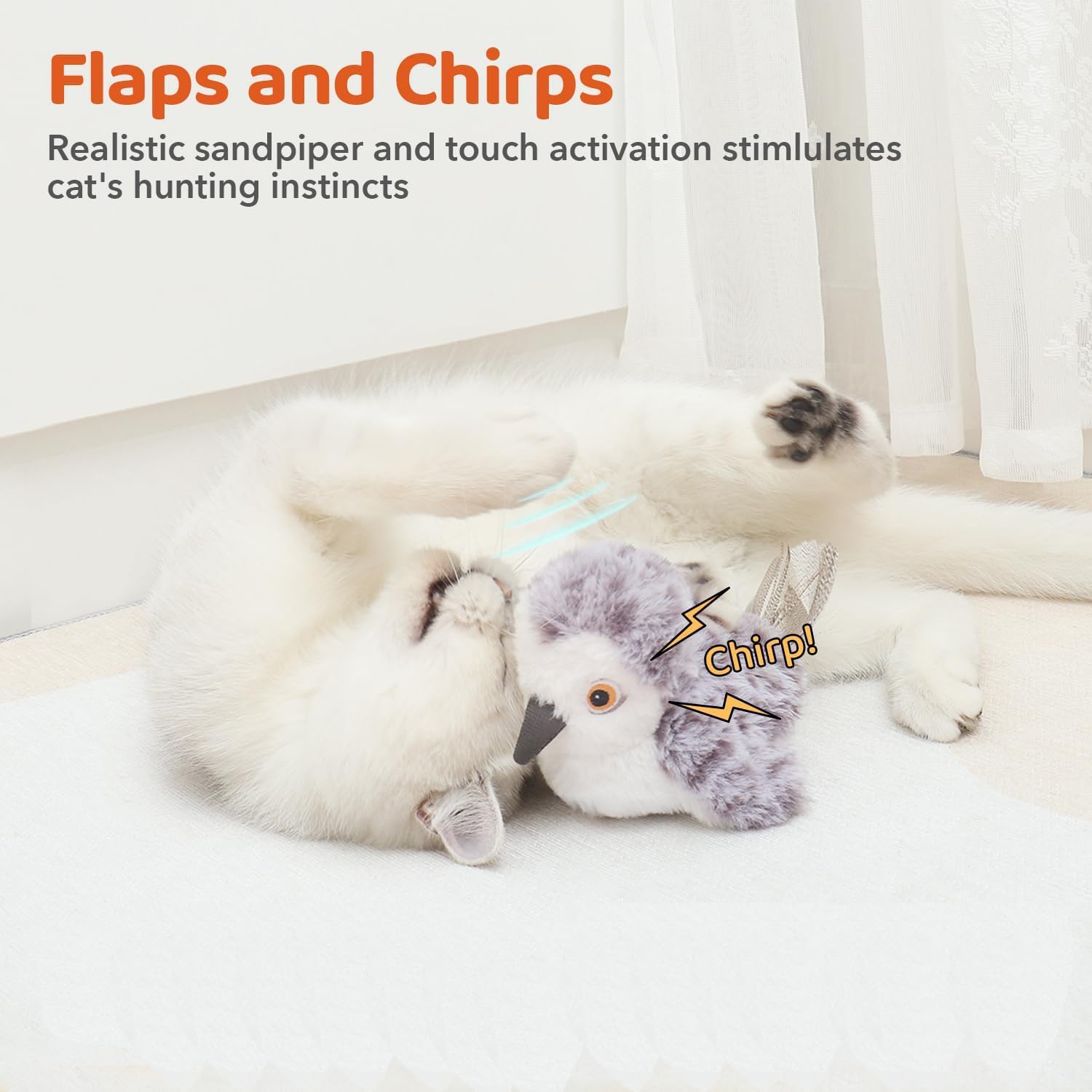 Detalle de Potaroma Flapping Bird interactive cat toy with lifelike sandpiper chirp (rechargeable, touch-activated) – 10cm