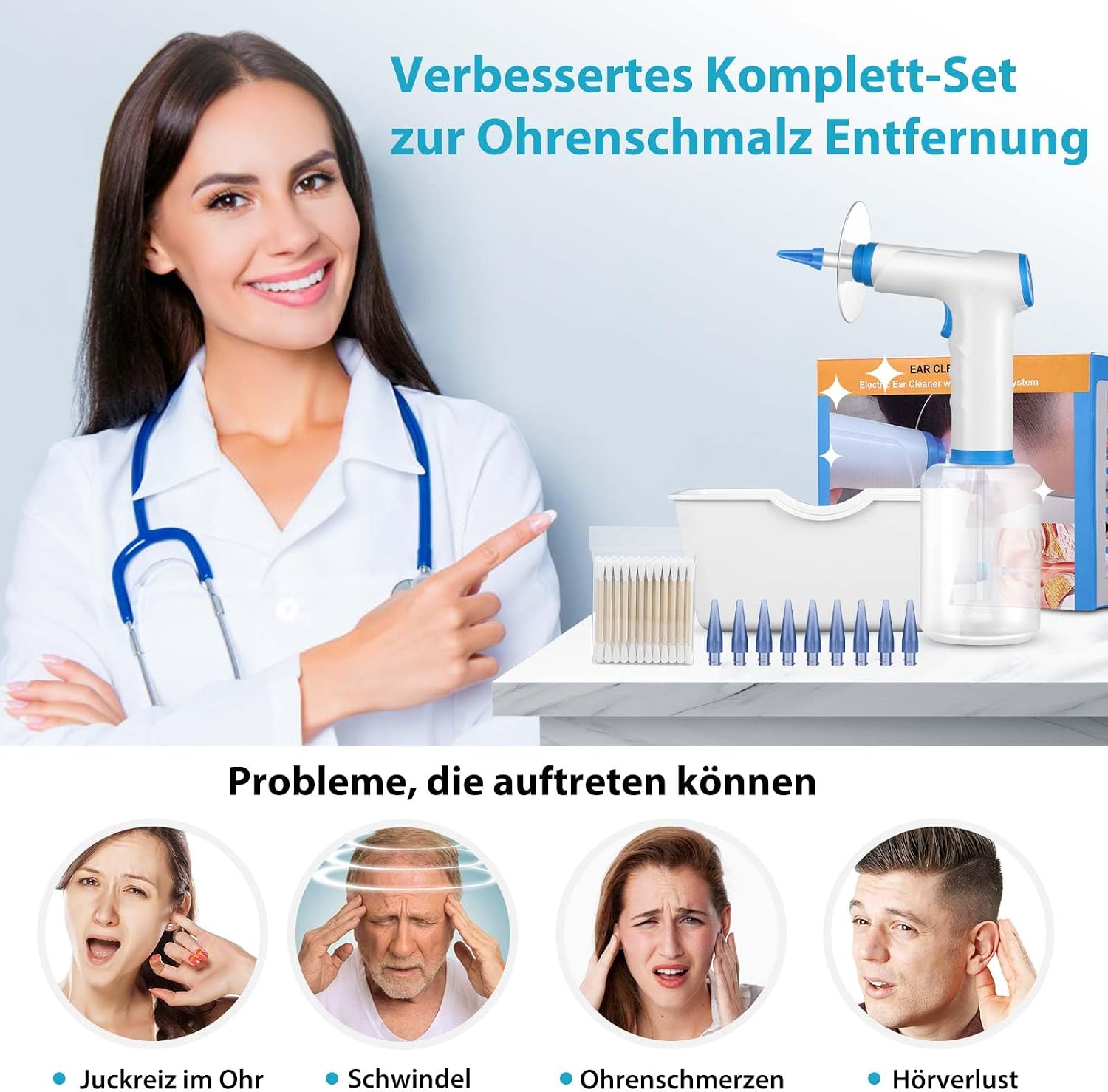 Detalle 2 de Ohrenselbstreiniger Ohrenschmalz Entferner Sicherheits-Ohrendusche Blau-Weiß
