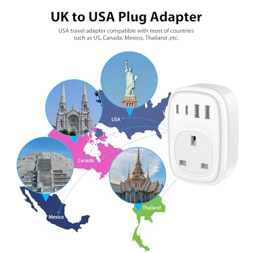 Detalle de Tusreda UK to US Plug Adaptor: 4-in-1 Travel Charger with USB-C & USB Ports